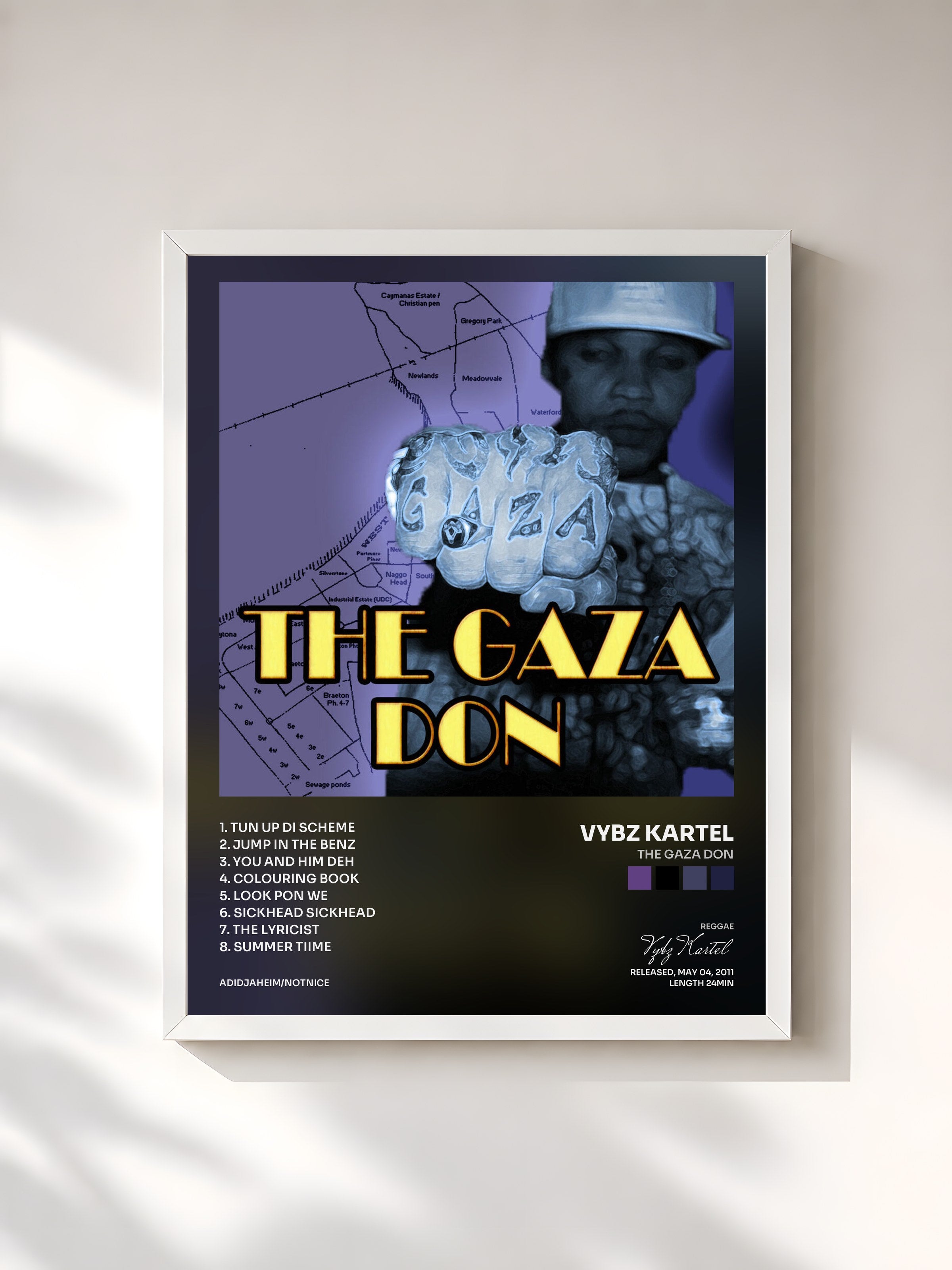 #blanc Tableau de l'album The Gaza Don de Vybz Kartel, cadre blanc, imprimé et encadré en France
