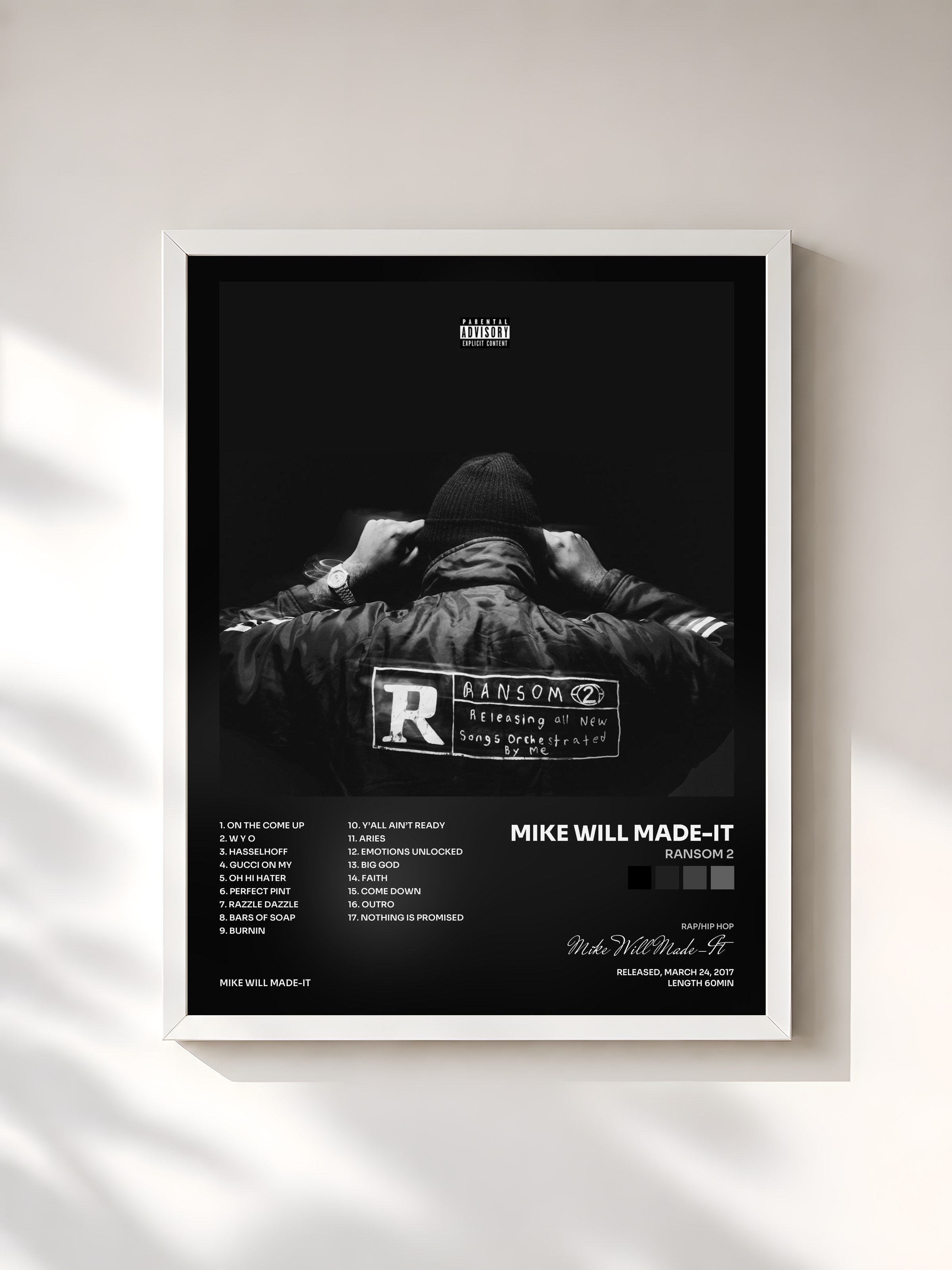 #blanc Tableau de l'album Ransom 2 de Mike Will Made-It, cadre blanc, imprimé et encadré en France