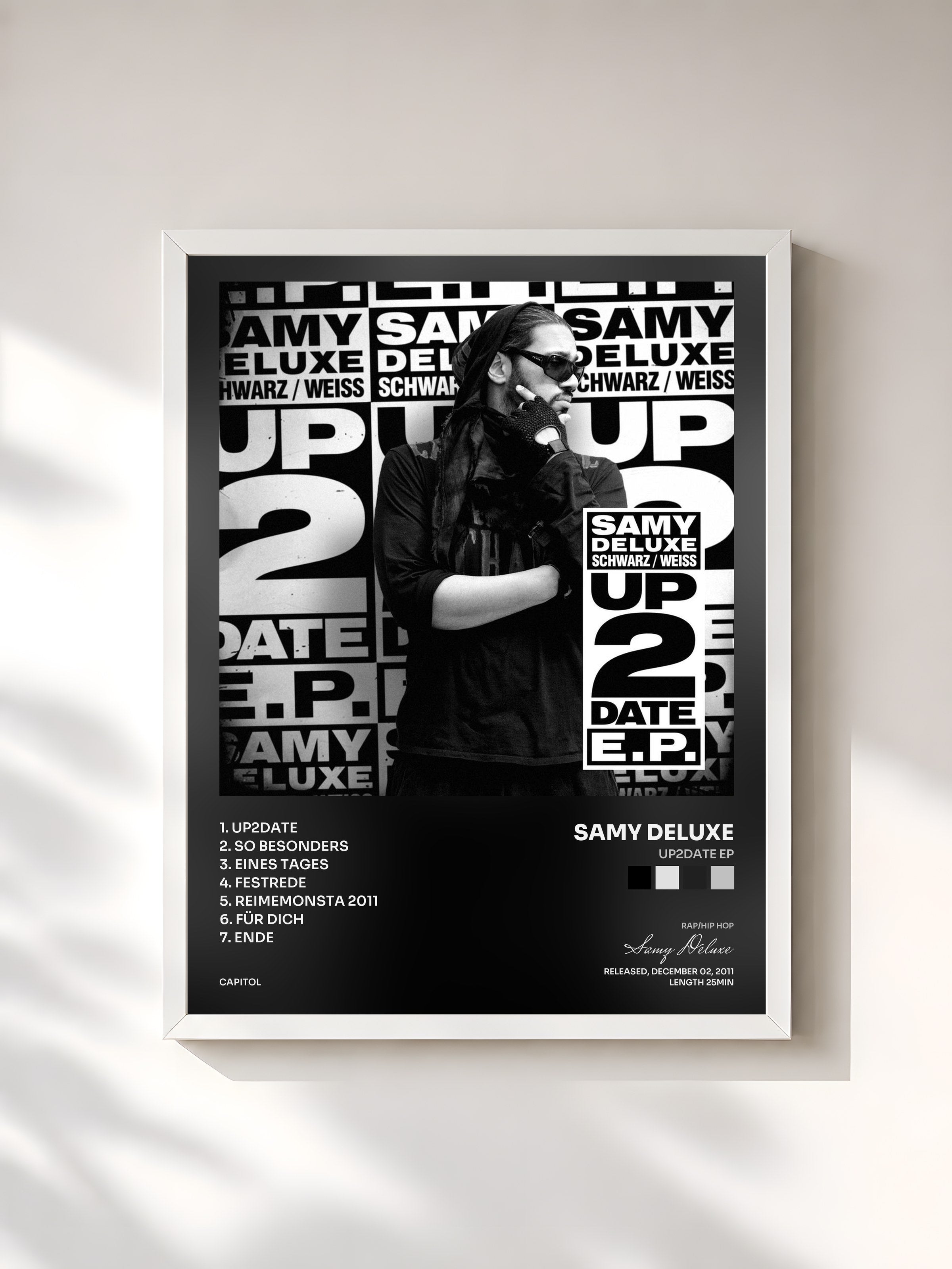 #blanc Tableau de l'album Up2Date EP de Samy Deluxe, cadre blanc, imprimé et encadré en France