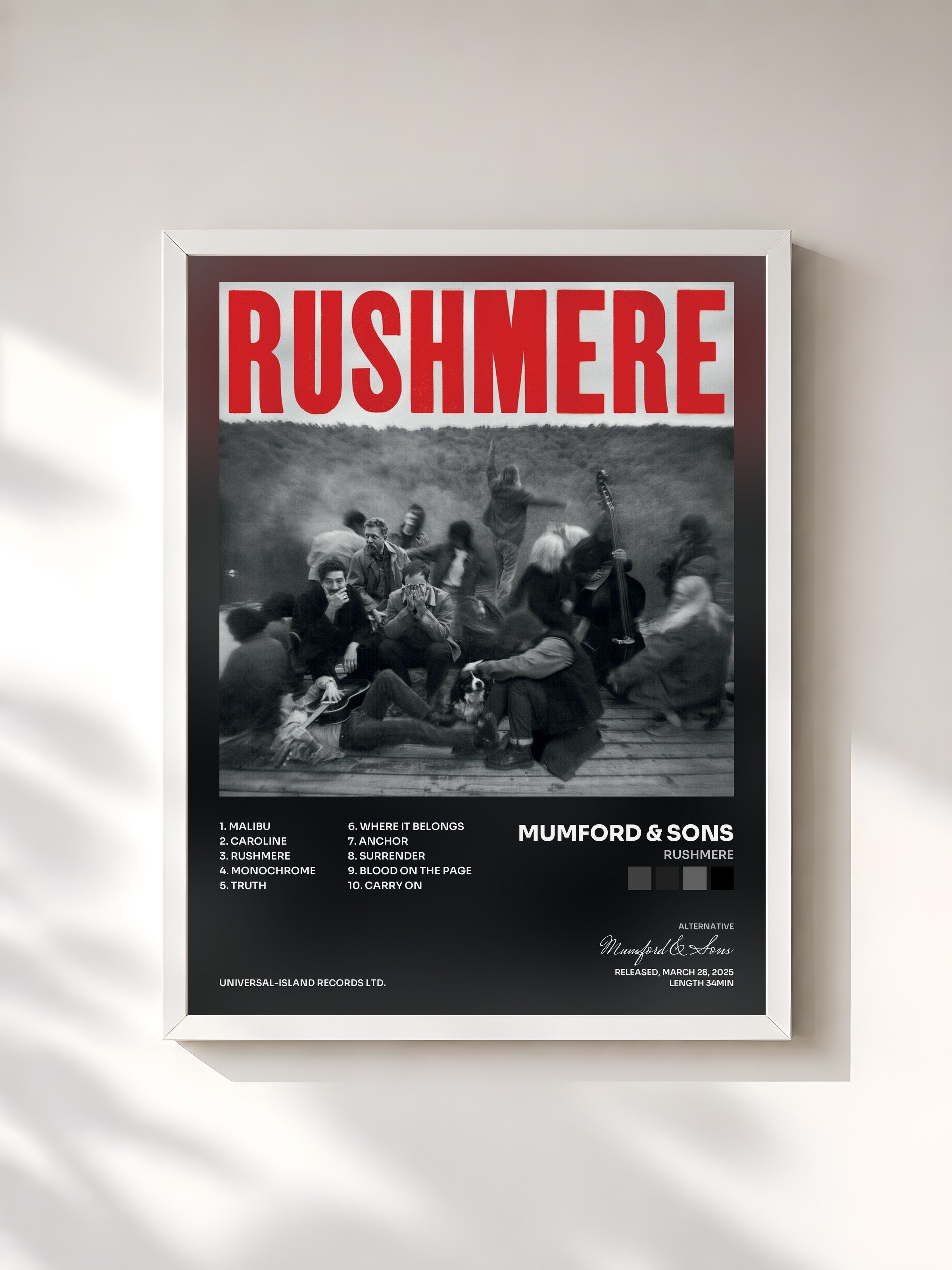 #blanc Tableau de l'album RUSHMERE de Mumford & Sons, cadre blanc, imprimé et encadré en France