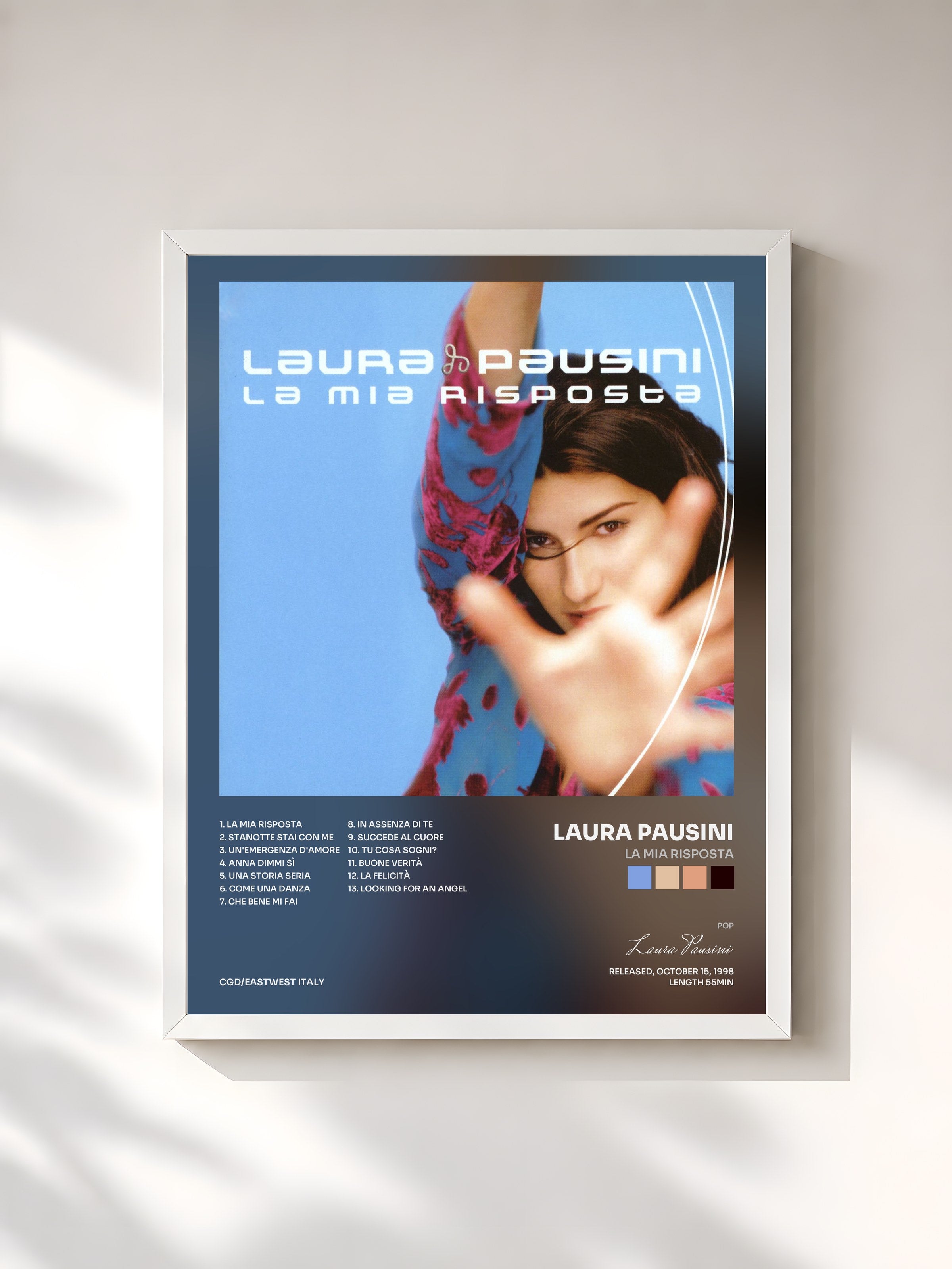 #blanc Tableau de l'album La mia risposta de Laura Pausini, cadre blanc, imprimé et encadré en France