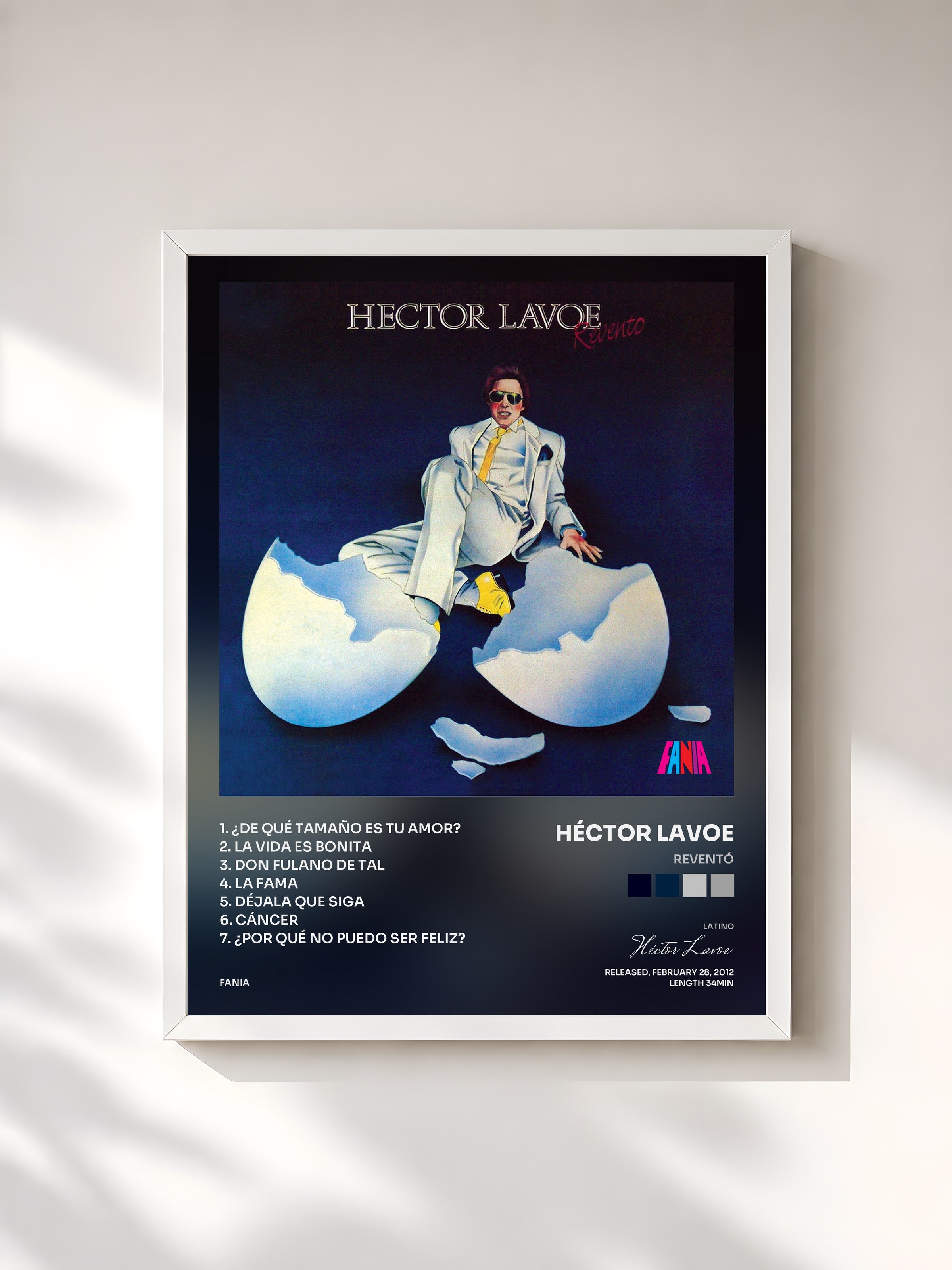 #blanc Tableau de l'album Reventó de Héctor Lavoe, cadre blanc, imprimé et encadré en France