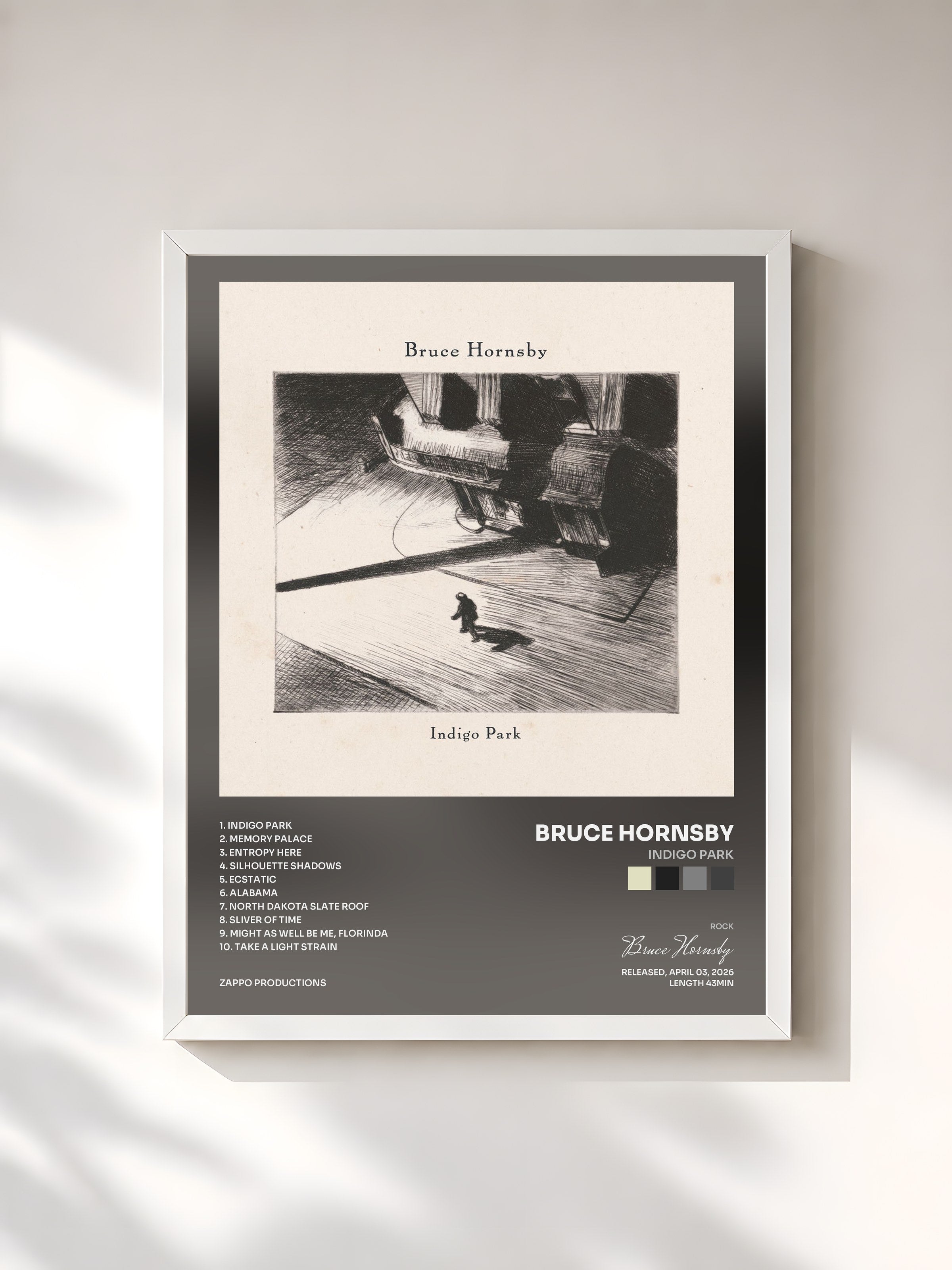 #blanc Tableau de l'album Indigo Park de Bruce Hornsby, cadre blanc, imprimé et encadré en France