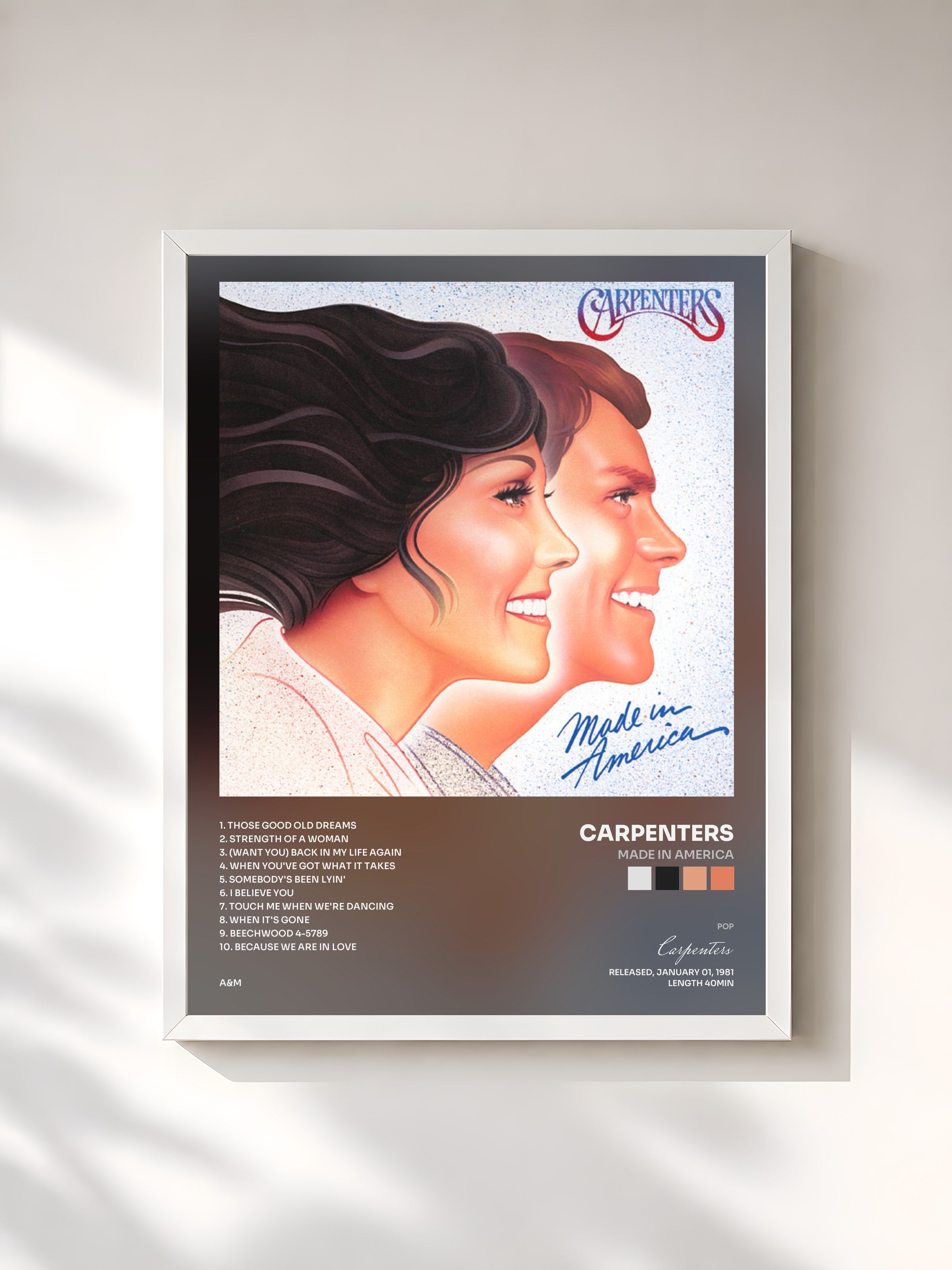 #blanc Tableau de l'album Made In America de Carpenters, cadre blanc, imprimé et encadré en France