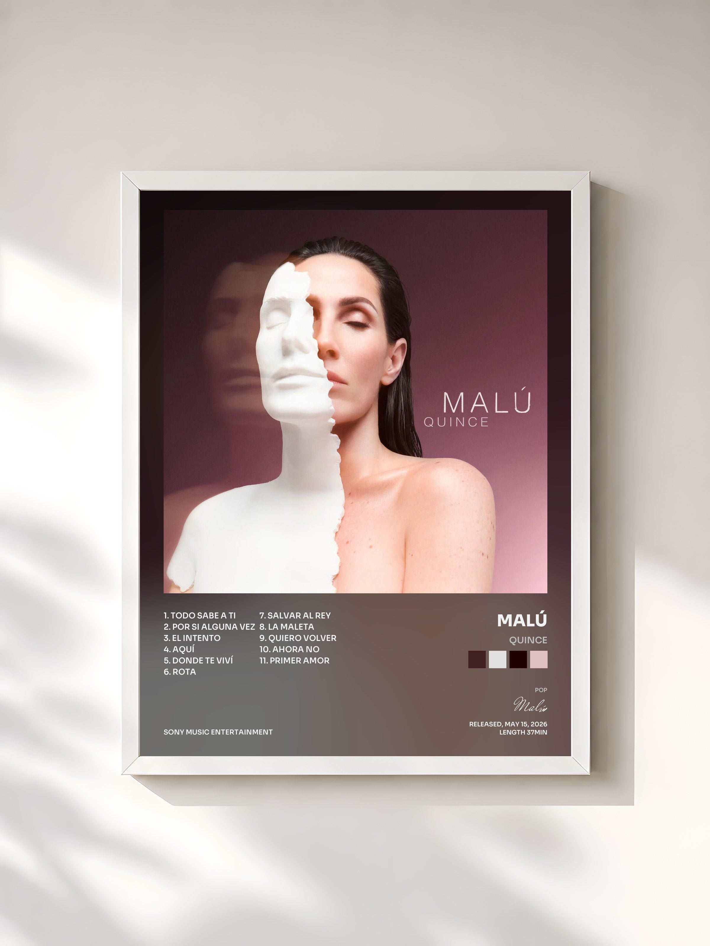 #blanc Tableau de l'album QUINCE de Malú, cadre blanc, imprimé et encadré en France