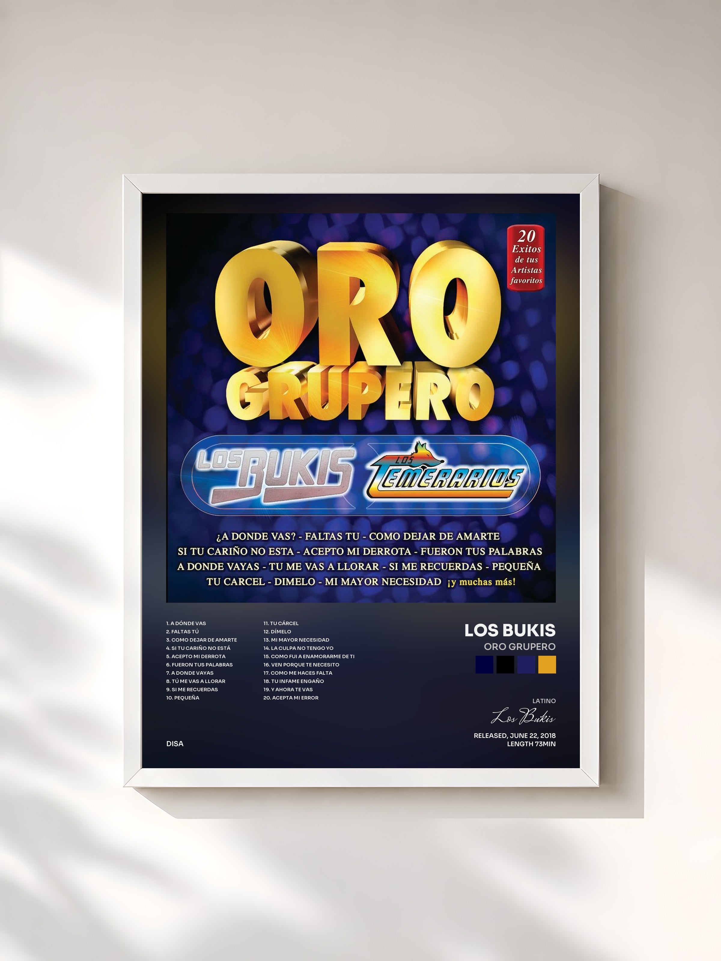 #blanc Tableau de l'album Oro Grupero de Los Bukis, cadre blanc, imprimé et encadré en France