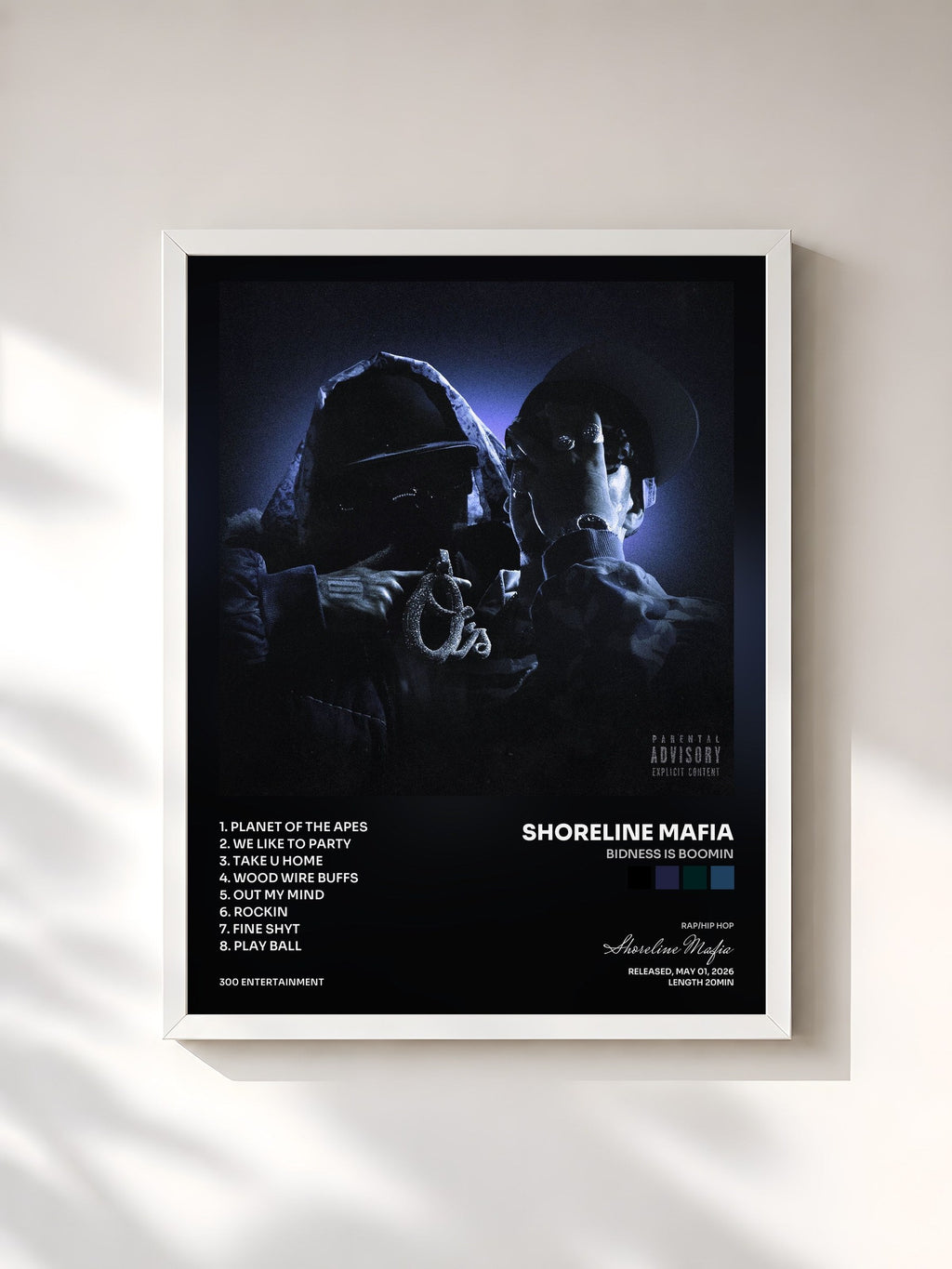 #blanc BIDNESS IS BOOMIN by Shoreline Mafia as a framed art print, white frame, printed and framed in France