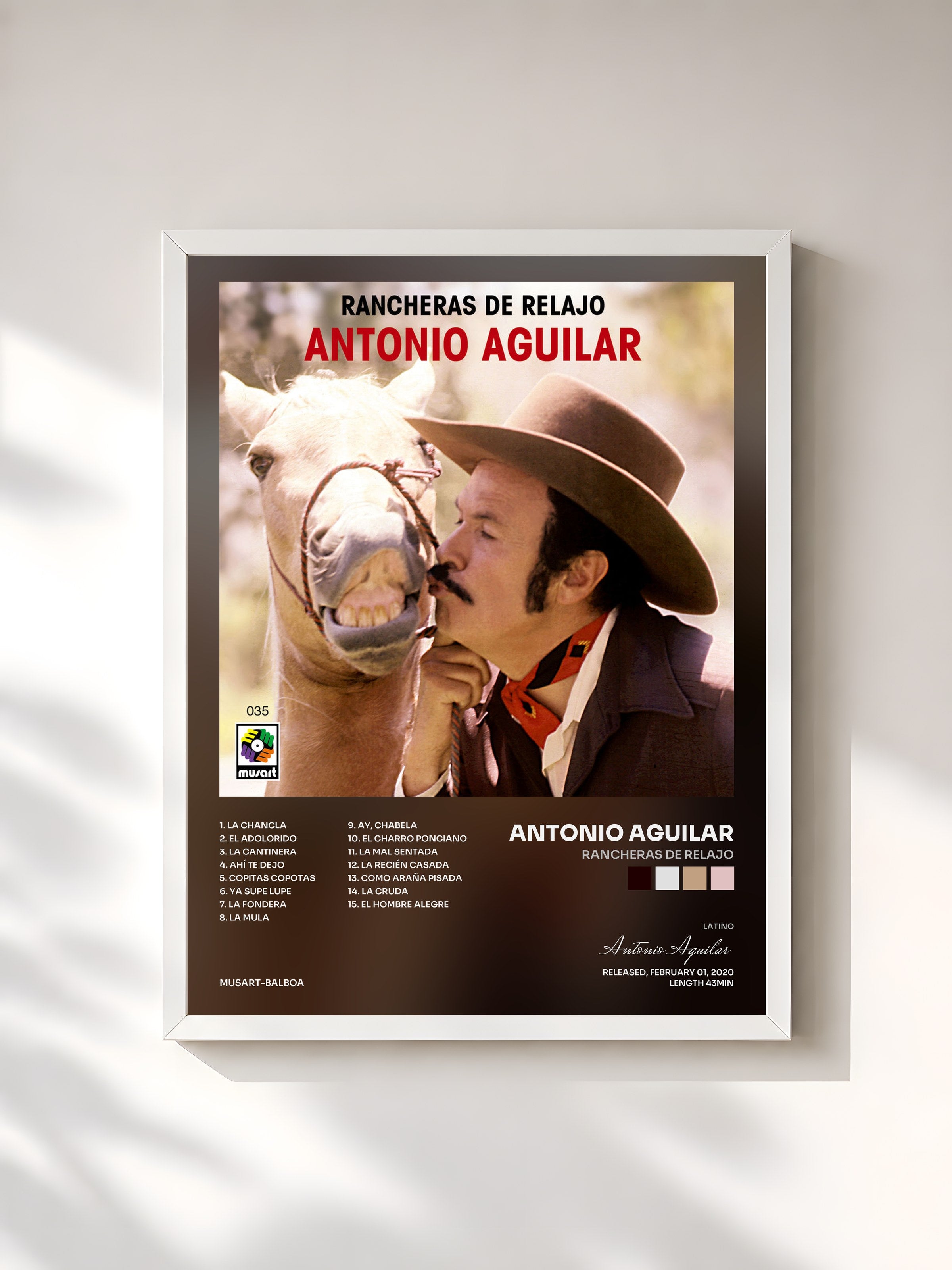 #blanc Tableau de l'album Rancheras de Relajo de Antonio Aguilar, cadre blanc, imprimé et encadré en France
