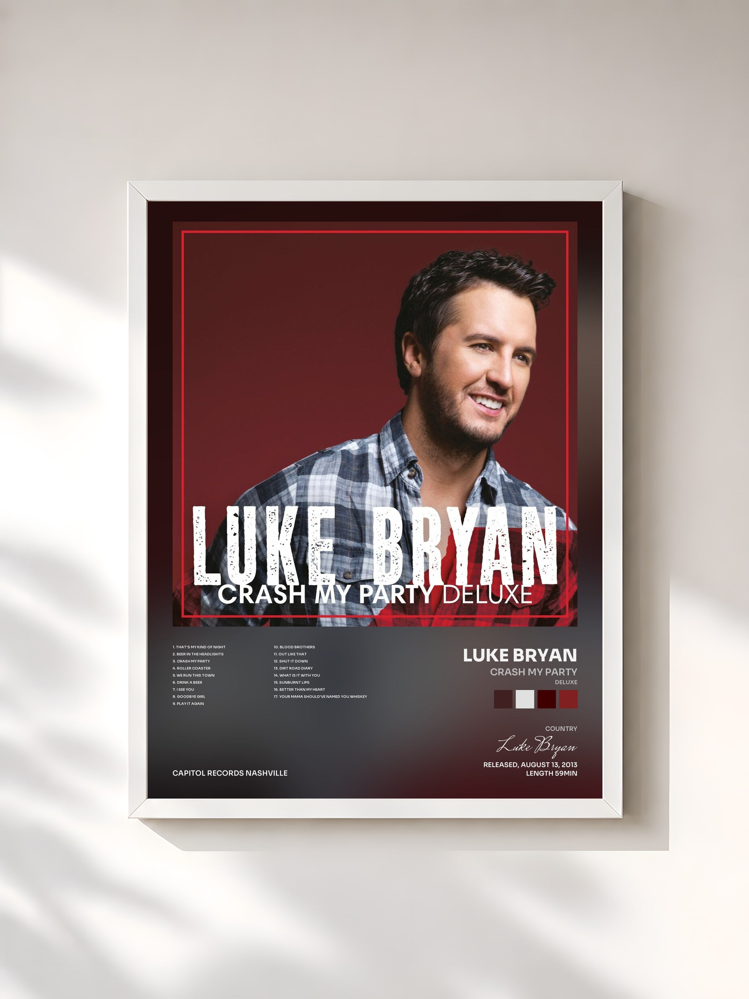#blanc Tableau de l'album Crash My Party (Deluxe) de Luke Bryan, cadre blanc, imprimé et encadré en France