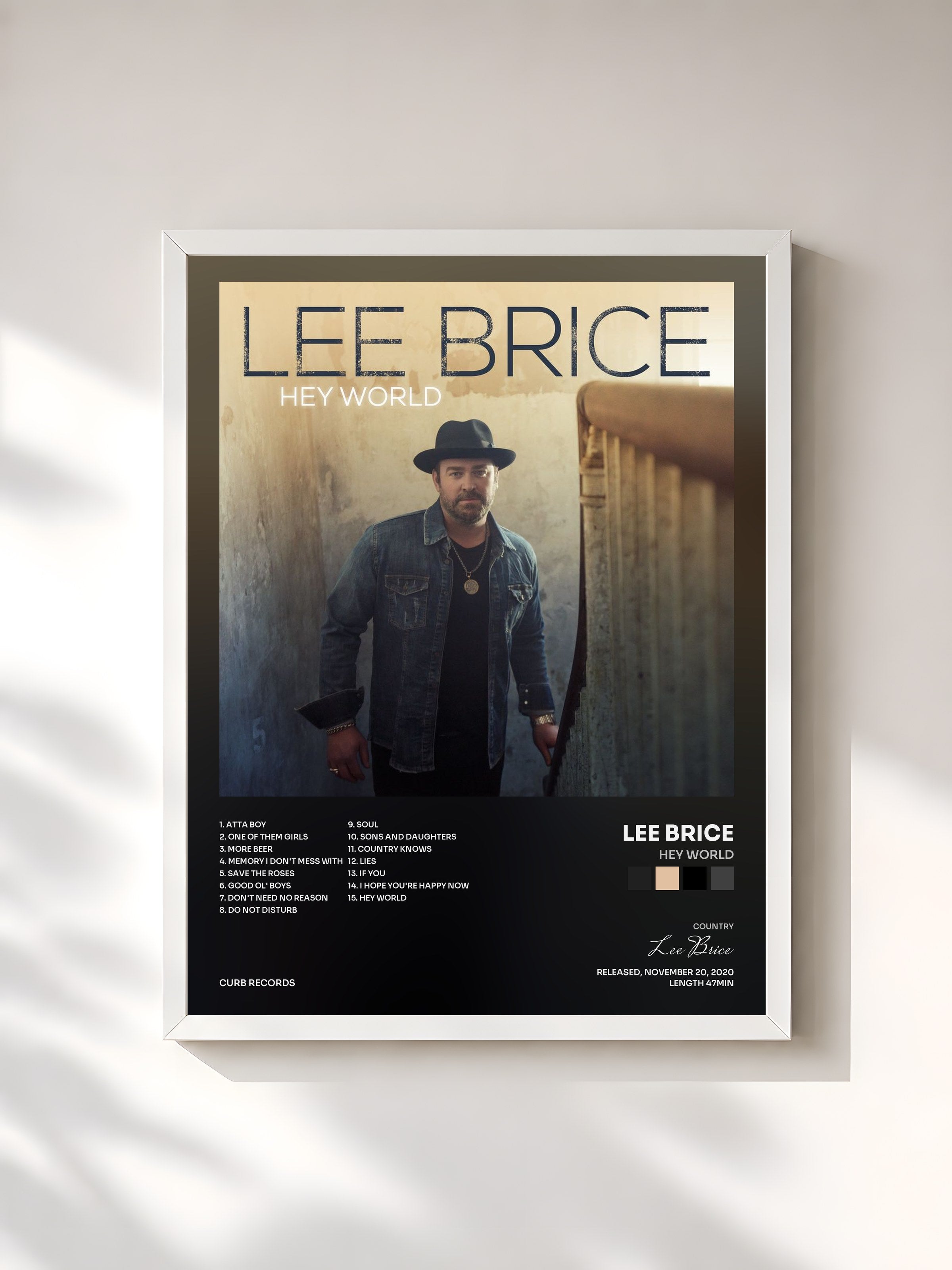 #blanc Tableau de l'album Hey World de Lee Brice, cadre blanc, imprimé et encadré en France