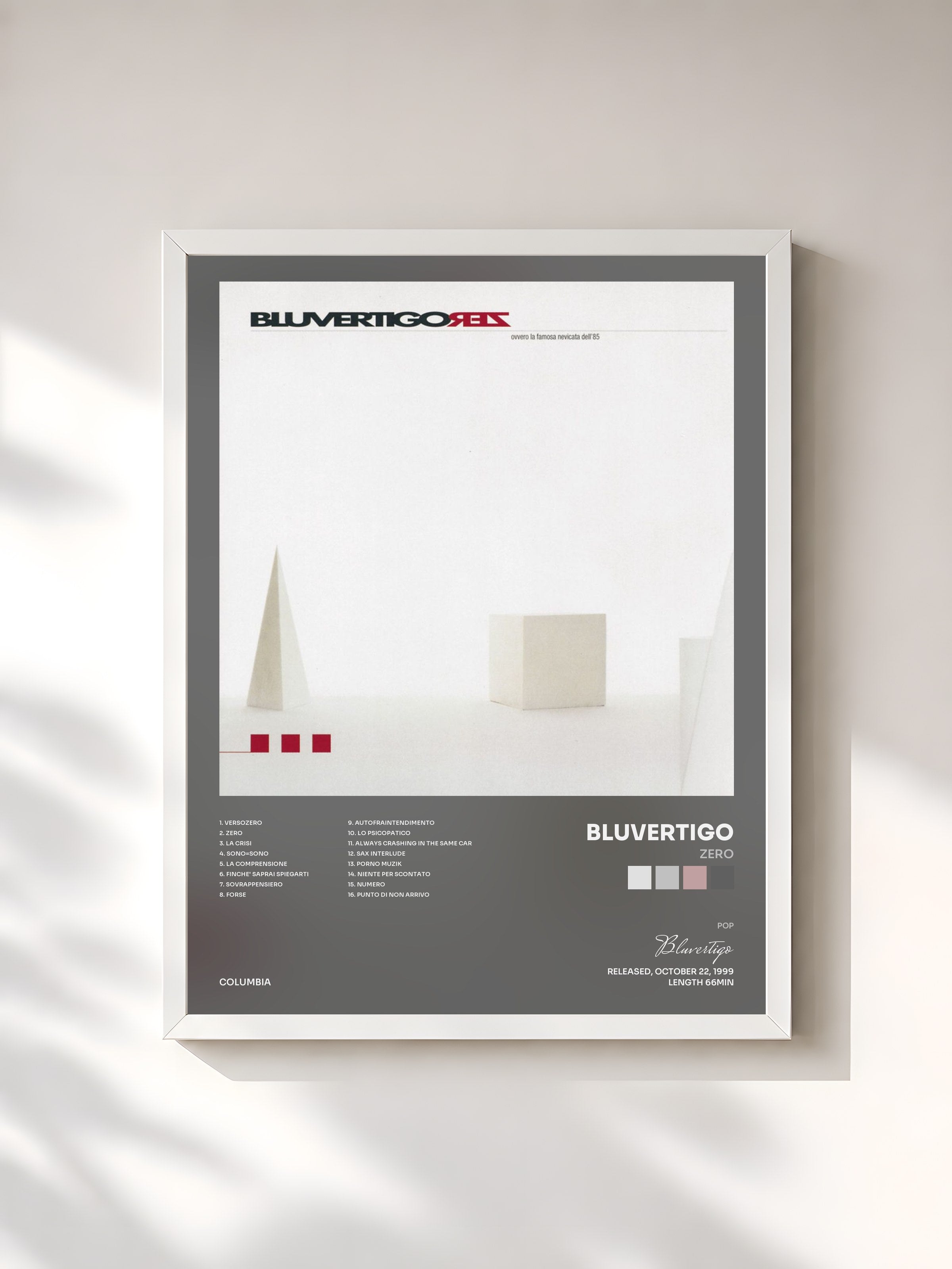 #blanc Tableau de l'album Zero de Bluvertigo, cadre blanc, imprimé et encadré en France