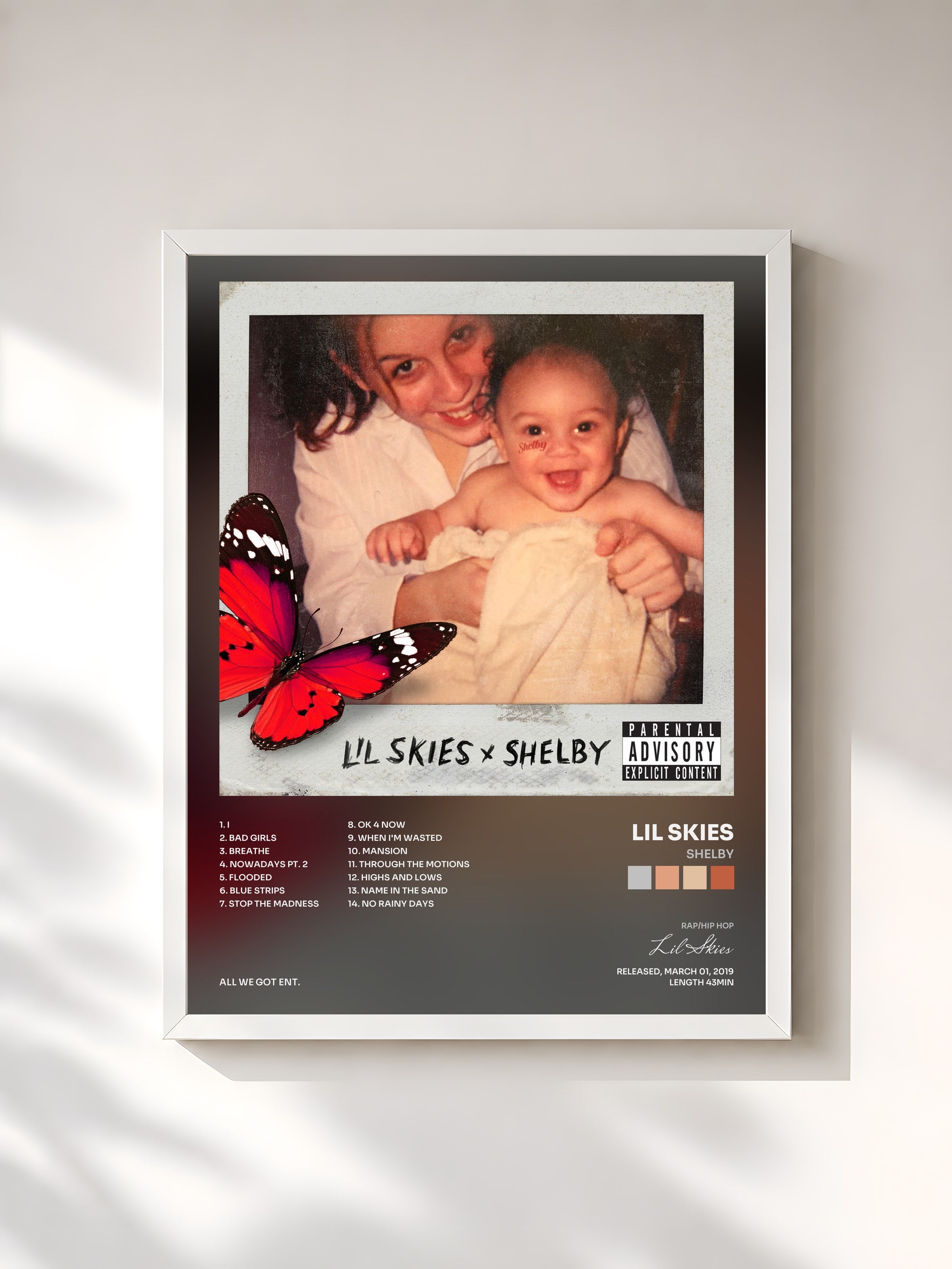 #blanc Tableau de l'album Shelby de Lil Skies, cadre blanc, imprimé et encadré en France