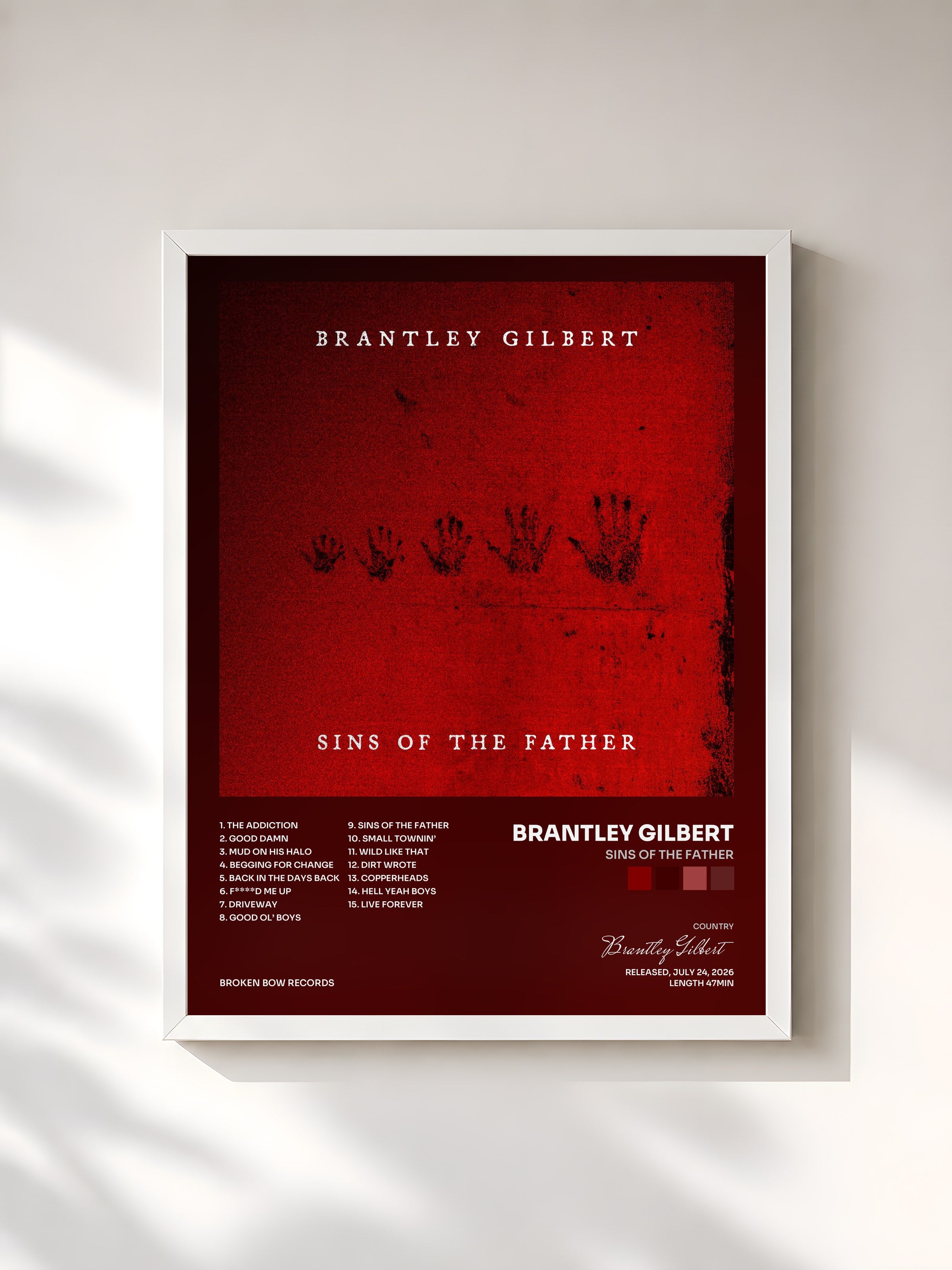 #blanc Tableau de l'album SINS OF THE FATHER de Brantley Gilbert, cadre blanc, imprimé et encadré en France