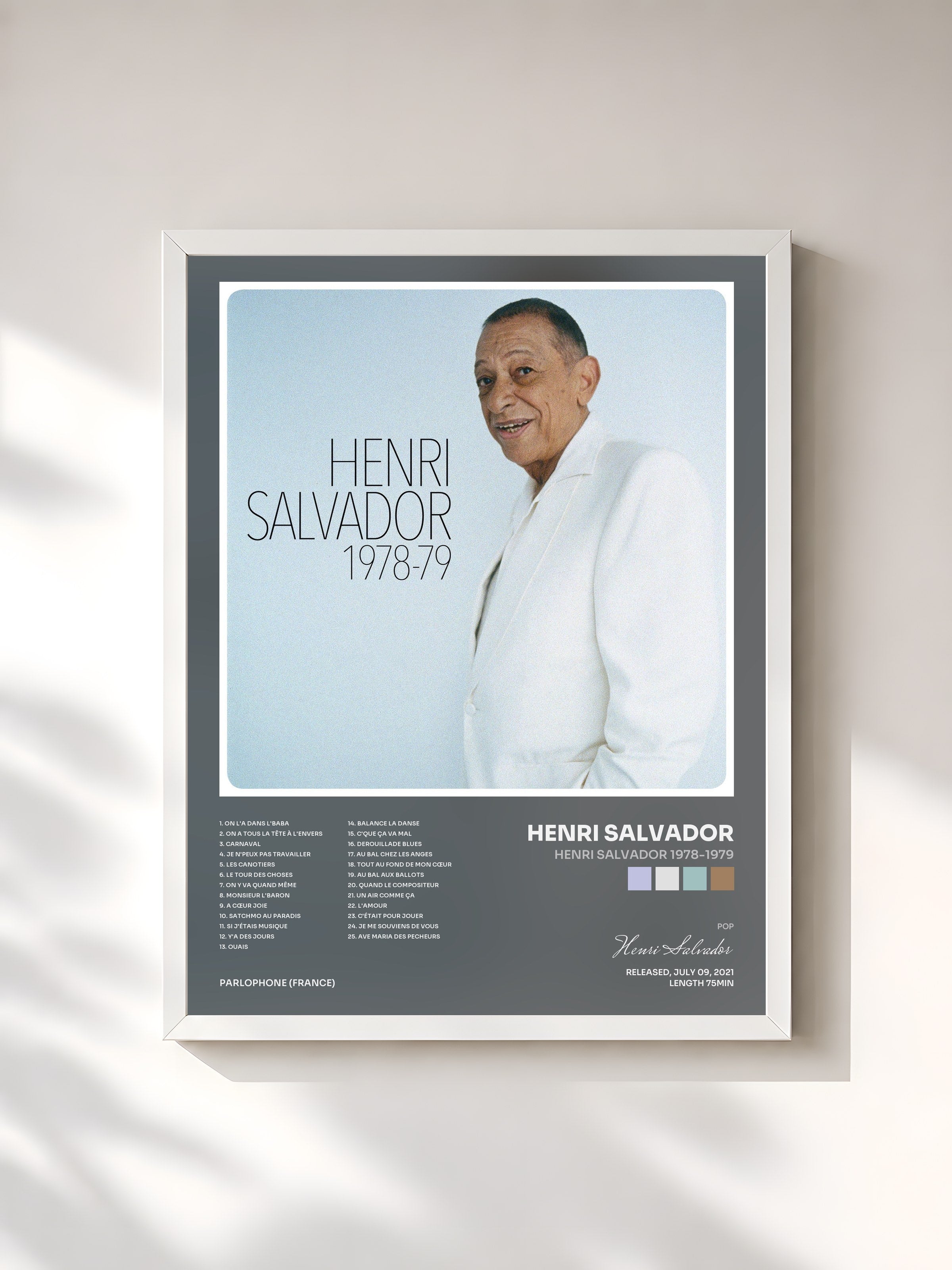 #blanc Tableau de l'album Henri Salvador 1978-1979 de Henri Salvador, cadre blanc, imprimé et encadré en France
