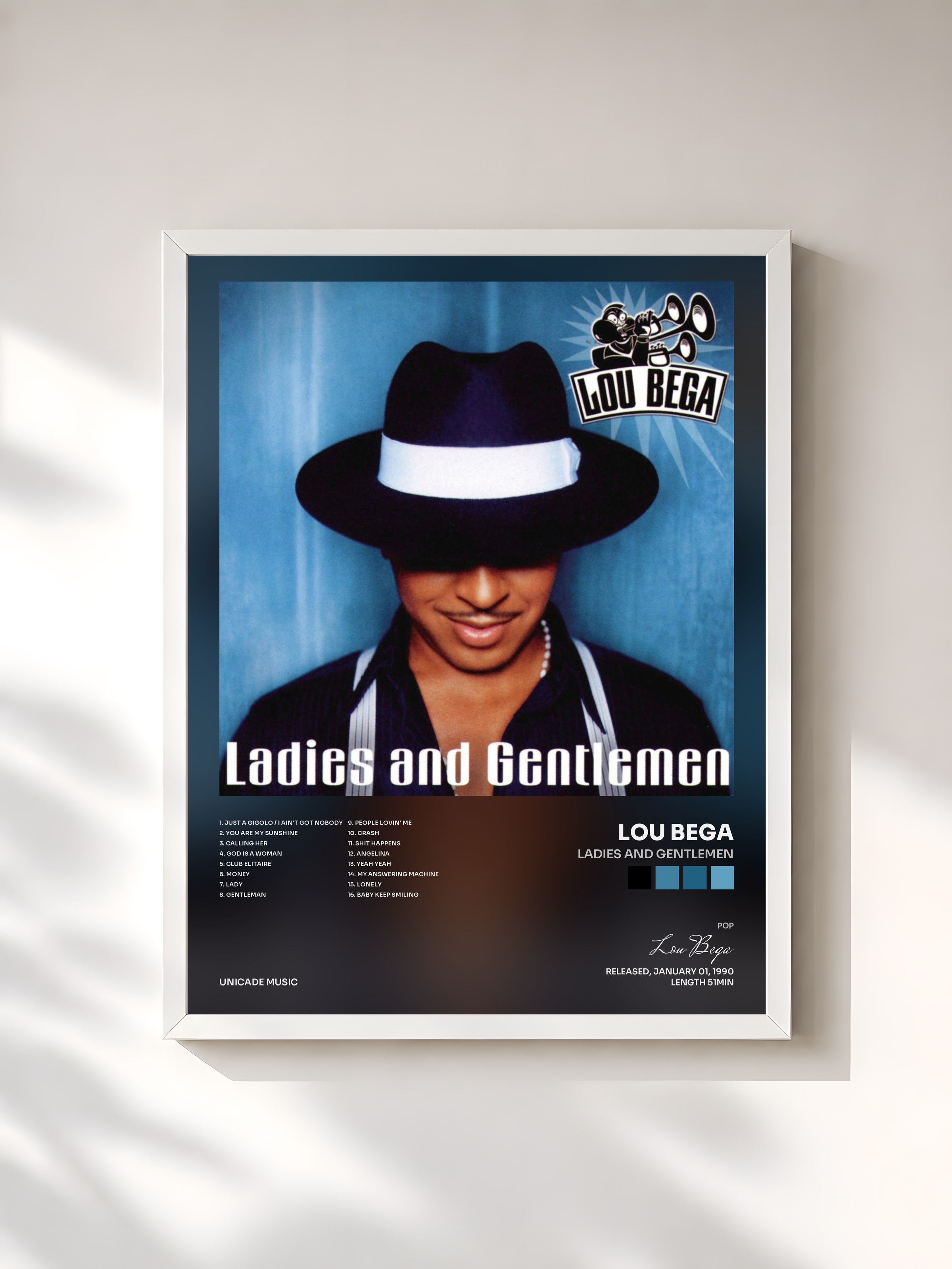 #blanc Tableau de l'album Ladies And Gentlemen de Lou Bega, cadre blanc, imprimé et encadré en France