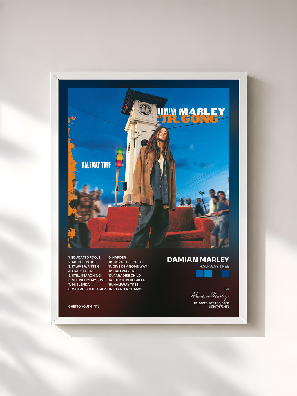 #blanc Tableau de l'album Halfway Tree de Damian Marley, cadre blanc, imprimé et encadré en France