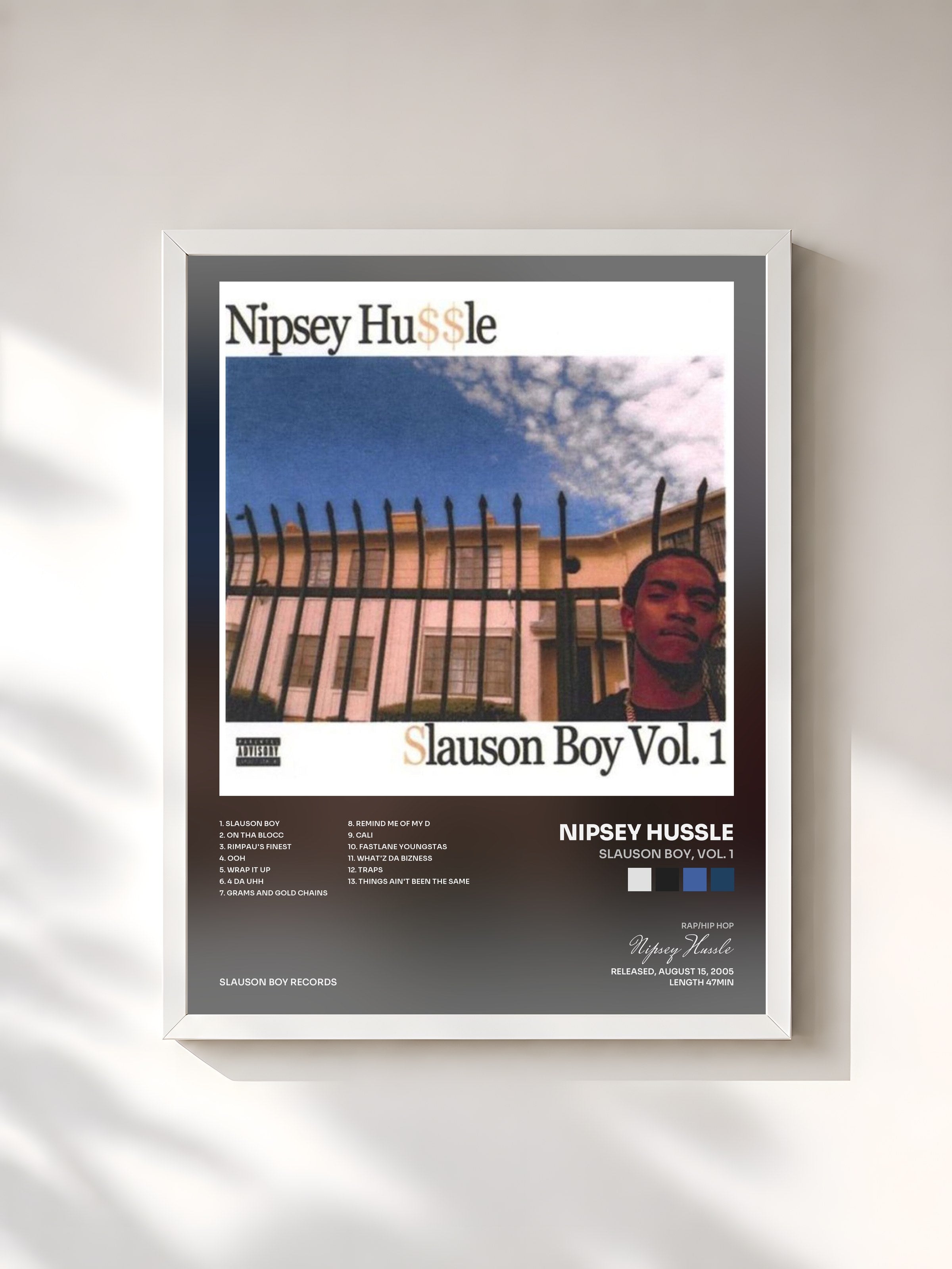 #blanc Tableau de l'album Slauson Boy, Vol. 1 de Nipsey Hussle, cadre blanc, imprimé et encadré en France