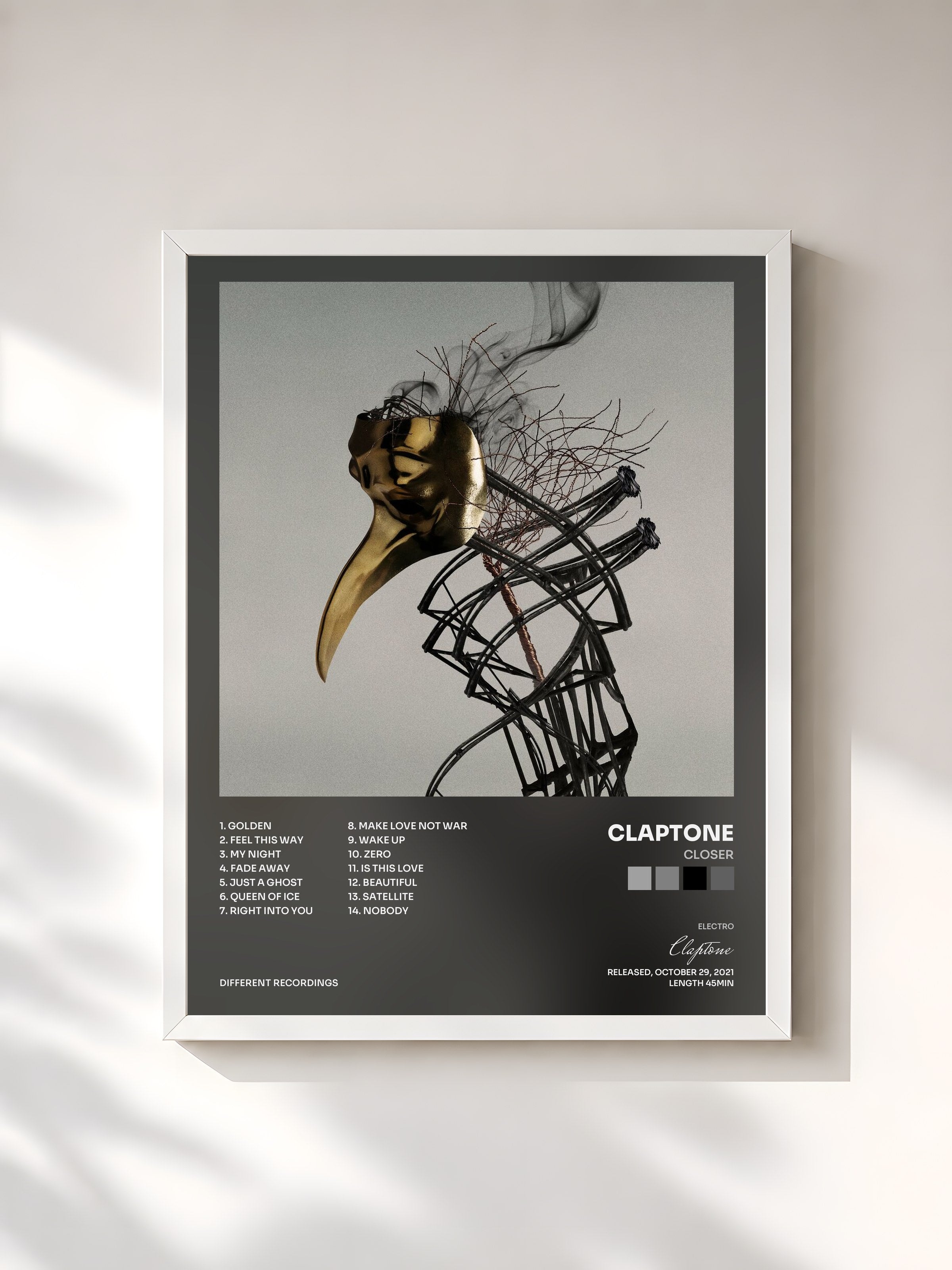 #blanc Tableau de l'album Closer de Claptone, cadre blanc, imprimé et encadré en France