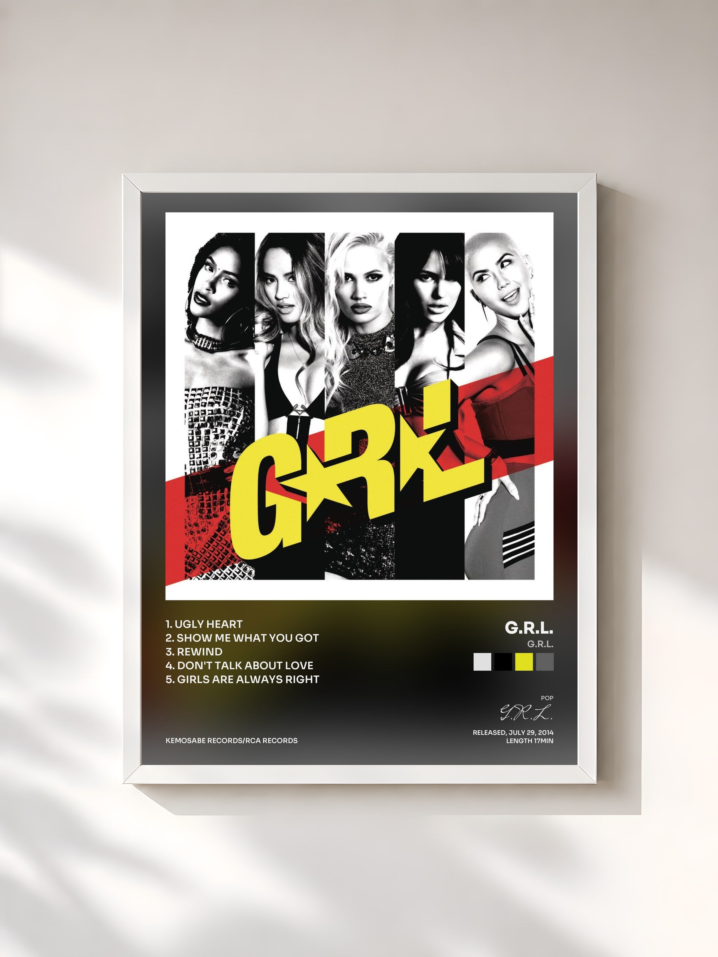 #blanc Tableau de l'album G.R.L. de G.R.L., cadre blanc, imprimé et encadré en France