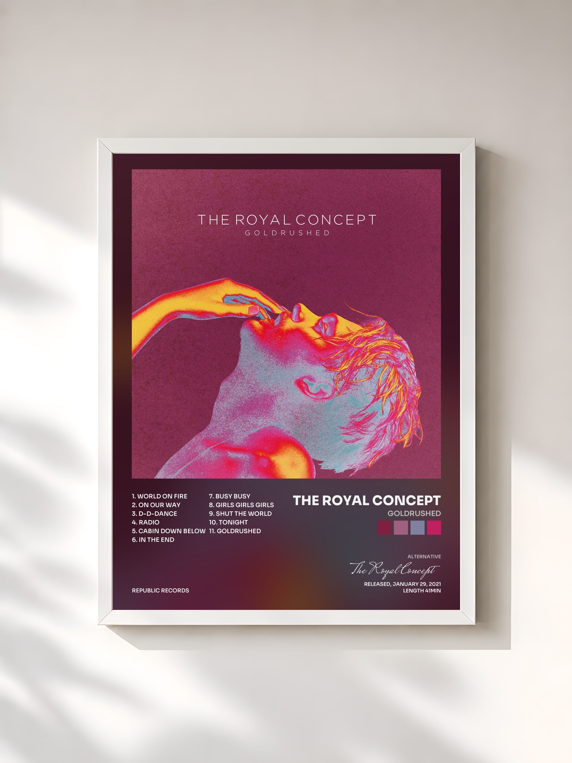 #blanc Tableau de l'album Goldrushed de The Royal Concept, cadre blanc, imprimé et encadré en France