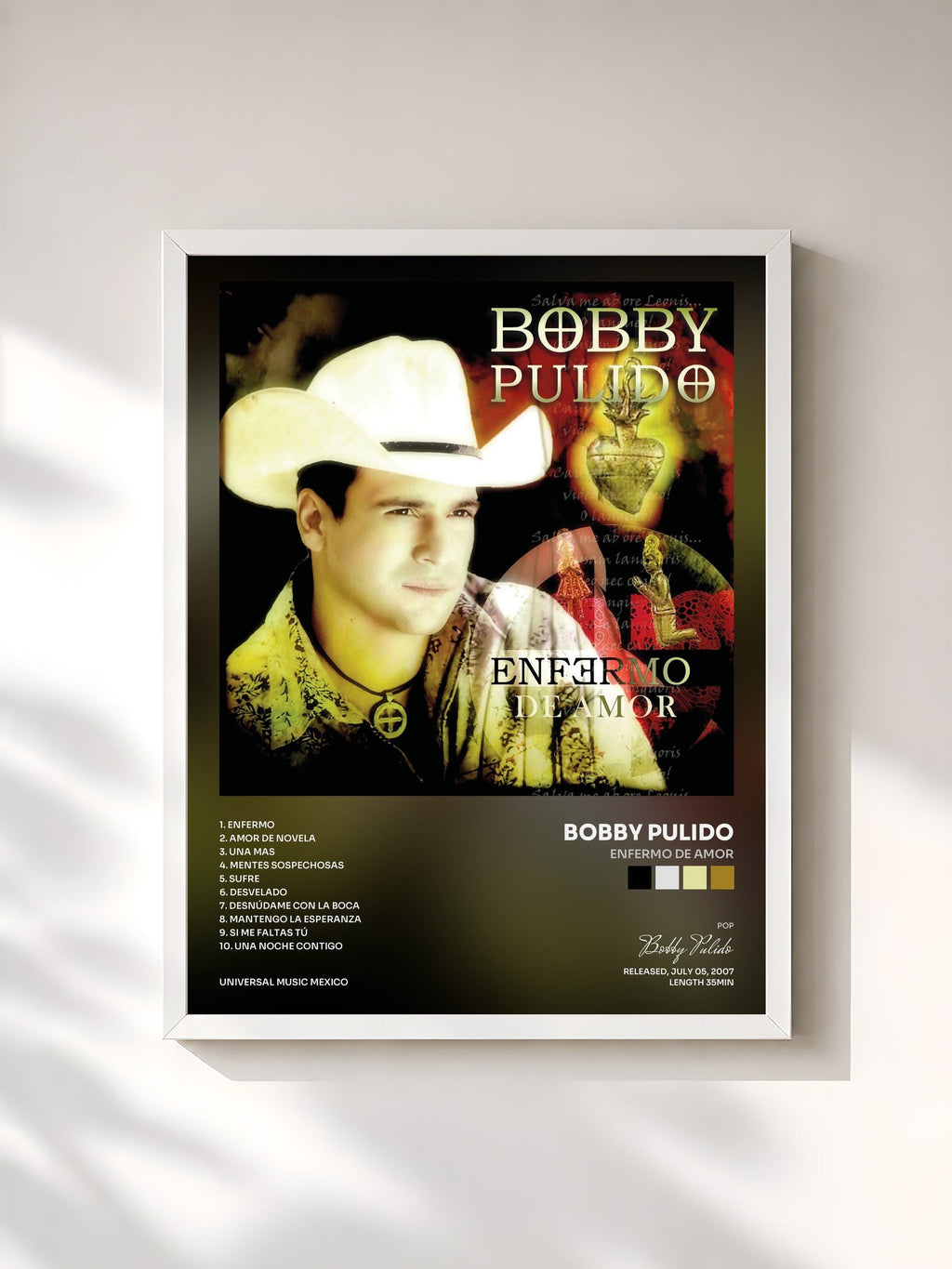 #blanc Tableau de l'album Enfermo De Amor de Bobby Pulido, cadre blanc, imprimé et encadré en France