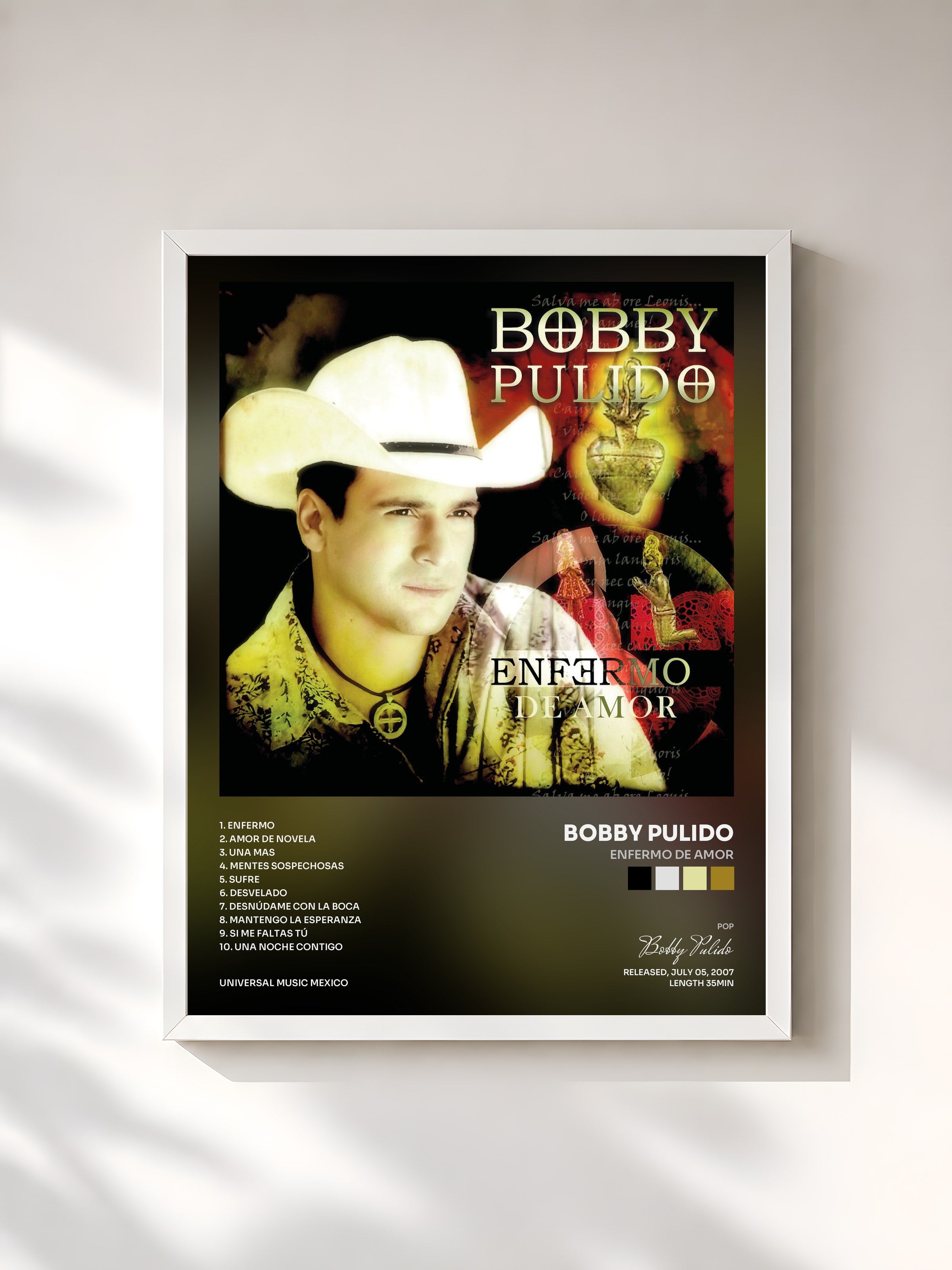 #blanc Tableau de l'album Enfermo De Amor de Bobby Pulido, cadre blanc, imprimé et encadré en France