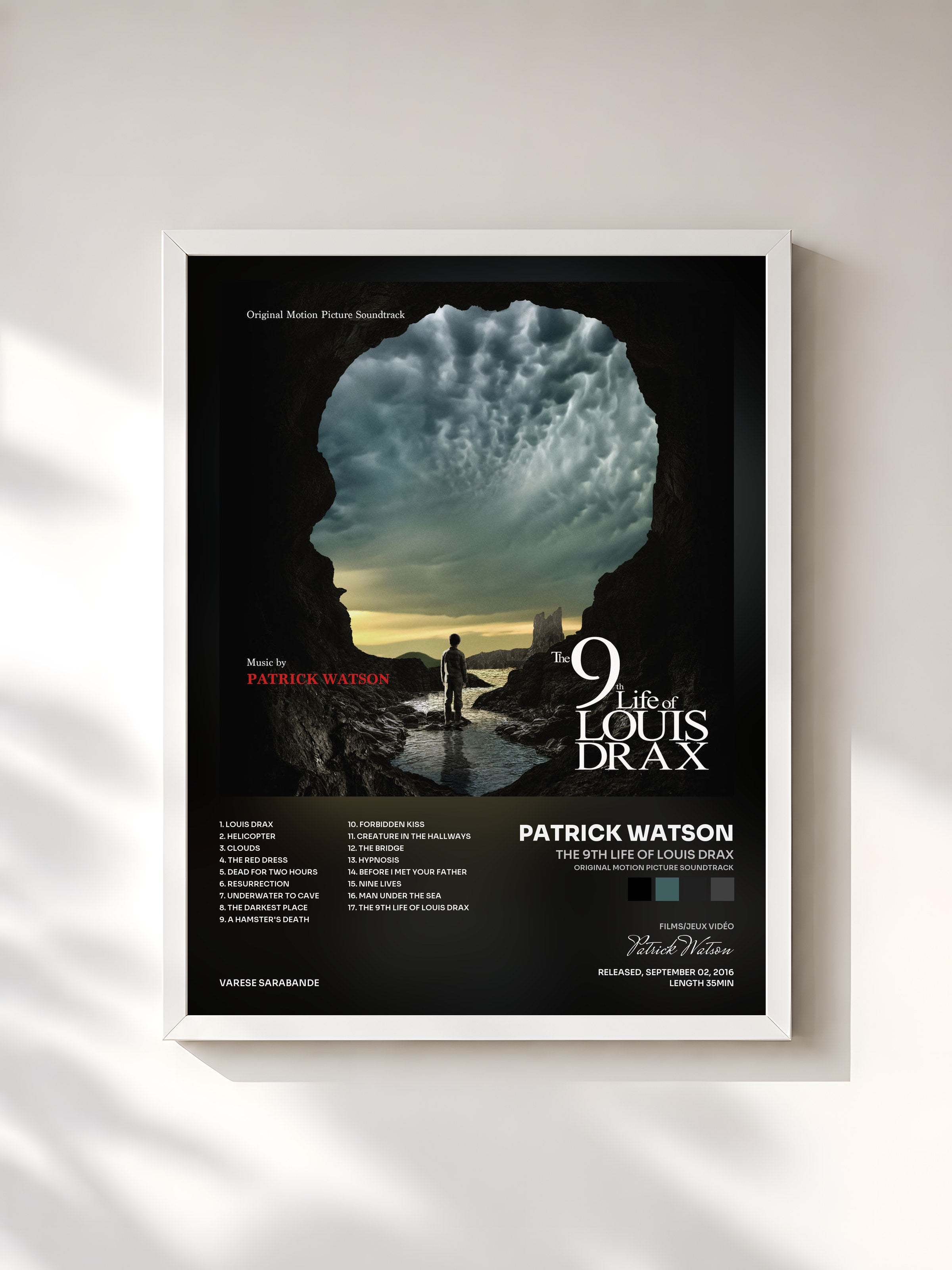 #blanc Tableau de l'album The 9th LIfe Of Louis Drax (Original Motion Picture Soundtrack) de Patrick Watson, cadre blanc, imprimé et encadré en France