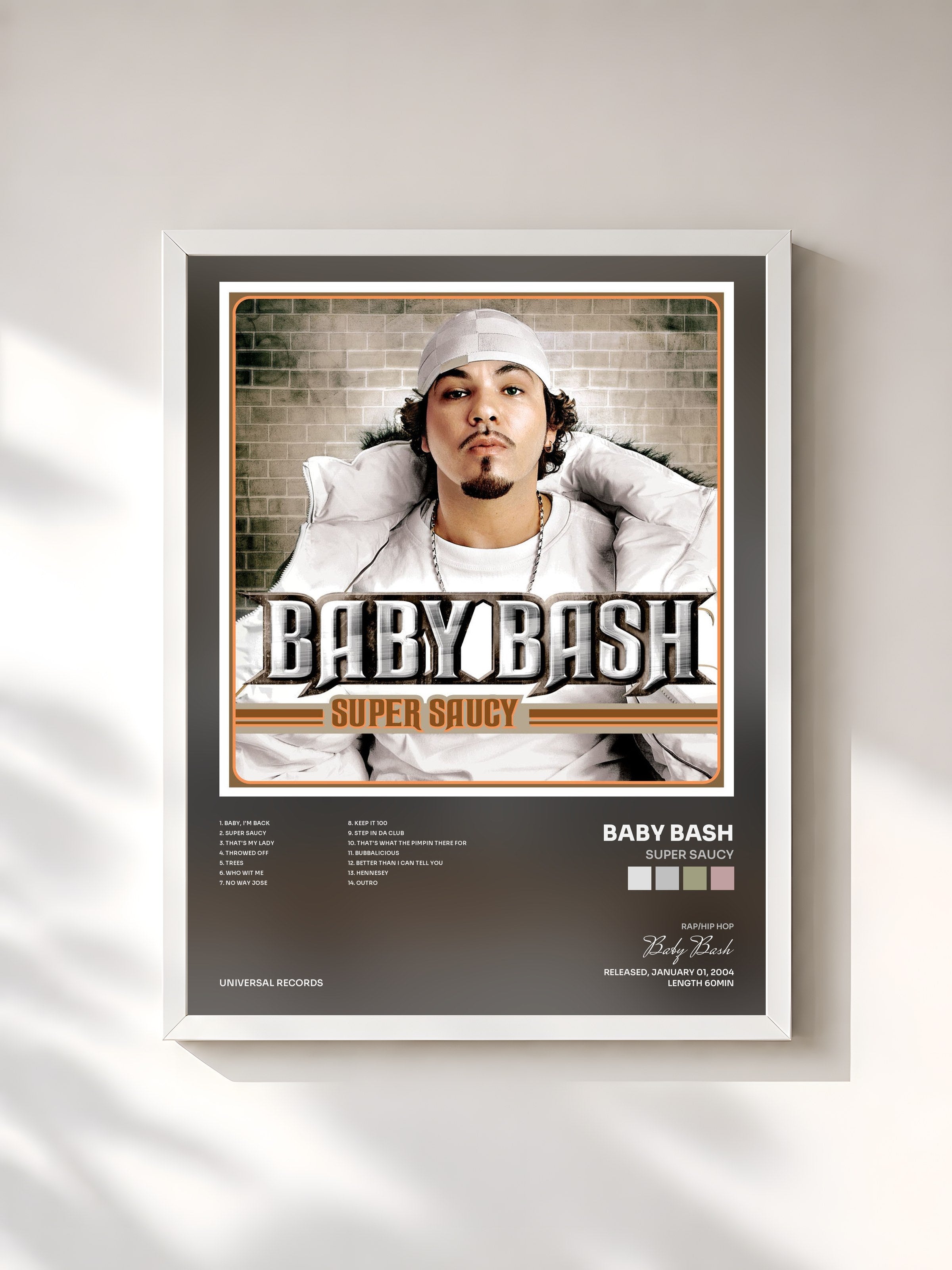 #blanc Tableau de l'album Super Saucy de Baby Bash, cadre blanc, imprimé et encadré en France