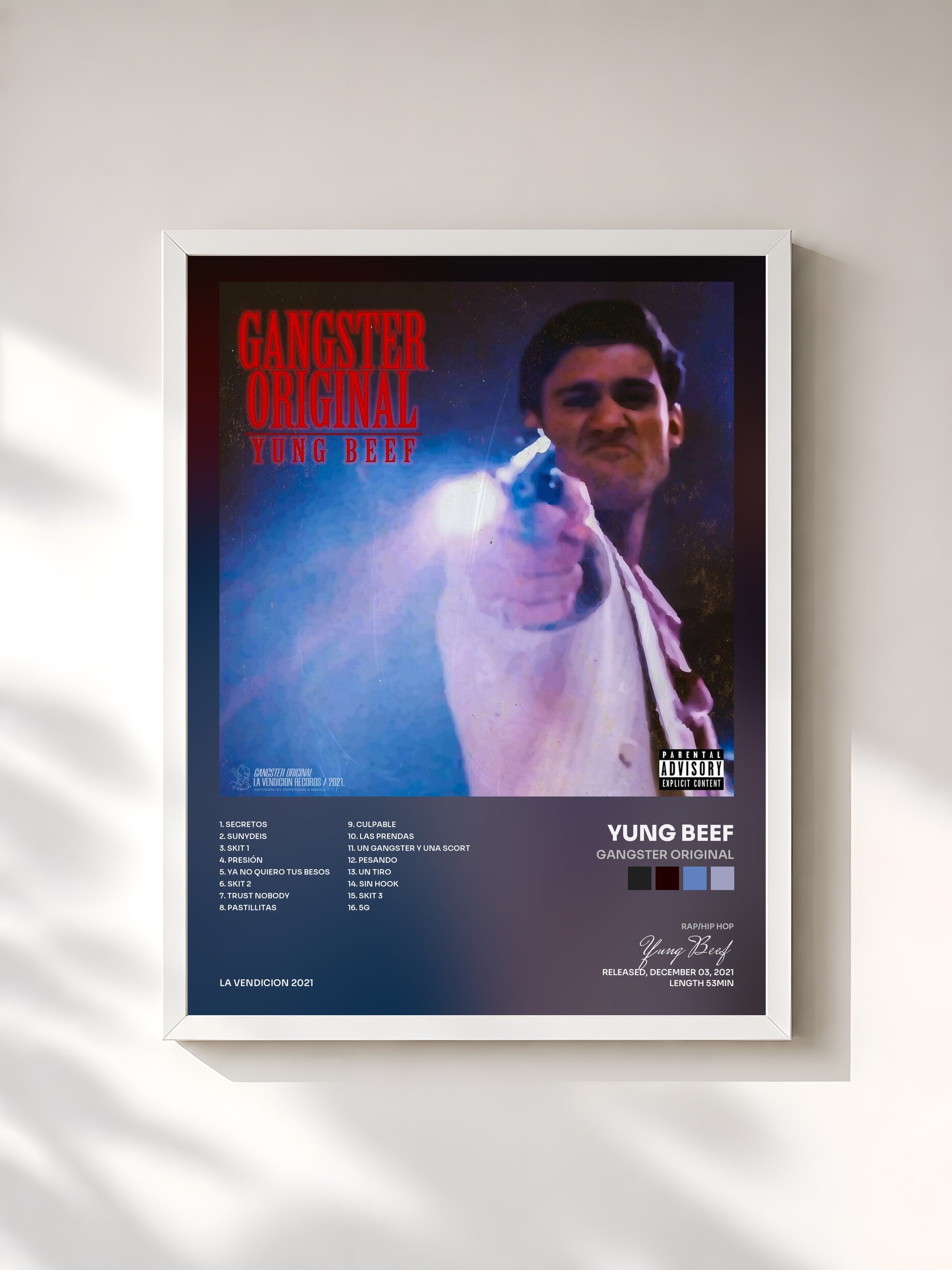 #blanc Tableau de l'album Gangster Original de Yung Beef, cadre blanc, imprimé et encadré en France