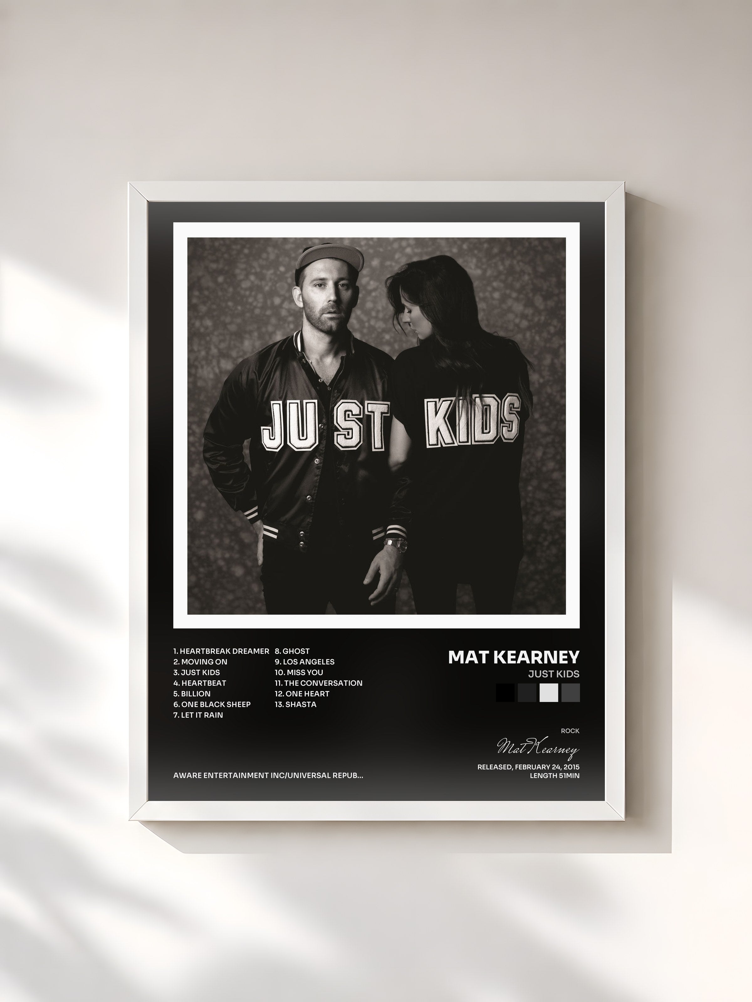 #blanc Tableau de l'album JUST KIDS de Mat Kearney, cadre blanc, imprimé et encadré en France