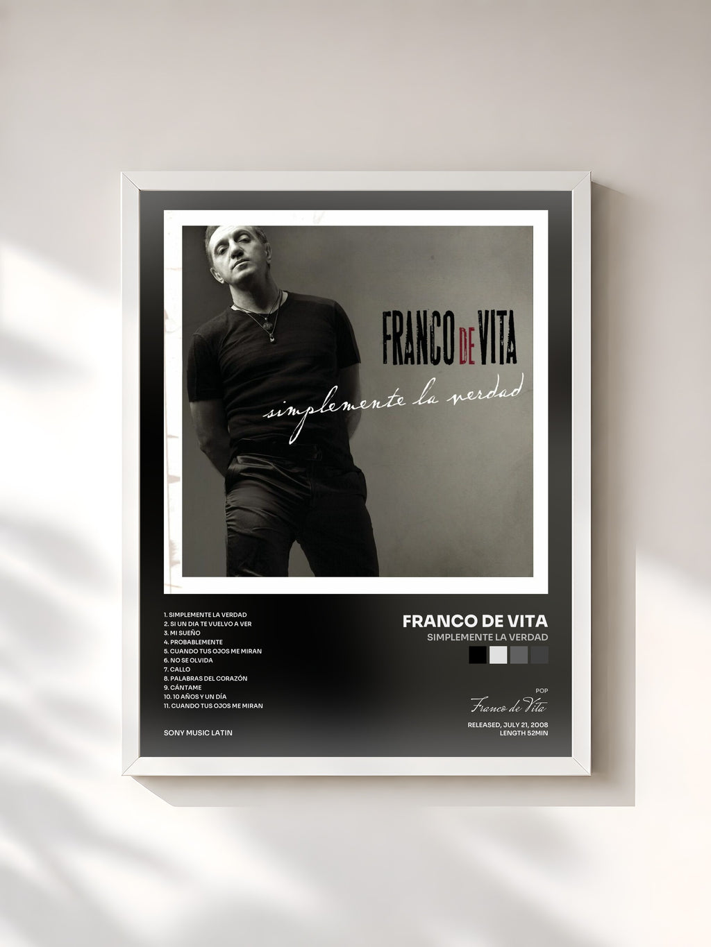 #blanc Tableau de l'album Simplemente La Verdad de Franco de Vita, cadre blanc, imprimé et encadré en France
