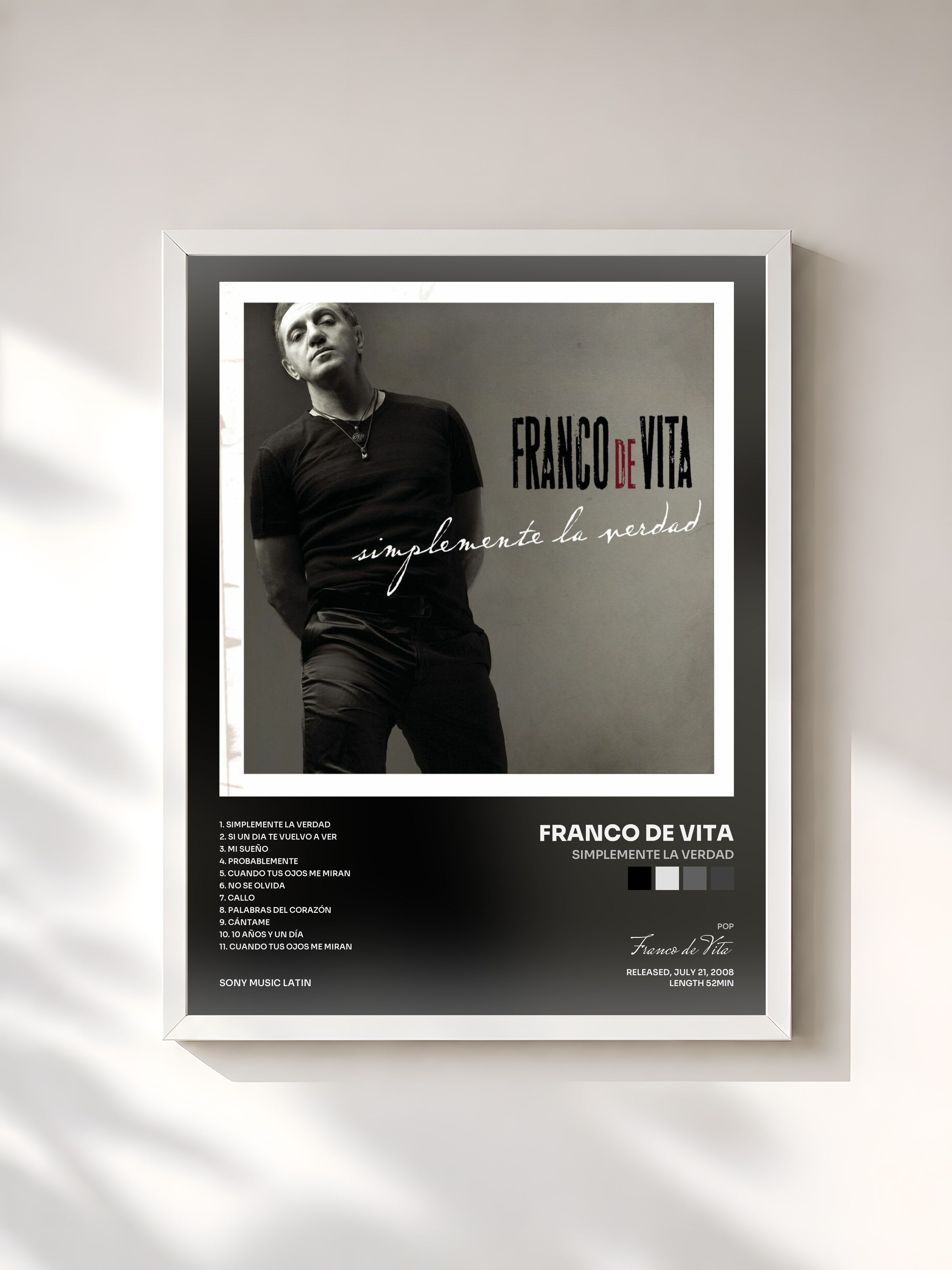 #blanc Tableau de l'album Simplemente La Verdad de Franco de Vita, cadre blanc, imprimé et encadré en France