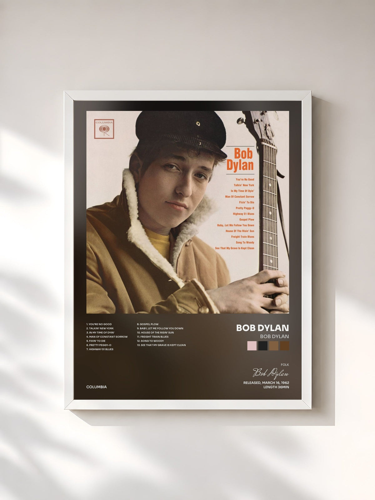 #blanc Tableau de l'album Bob Dylan de Bob Dylan, cadre blanc, imprimé et encadré en France
