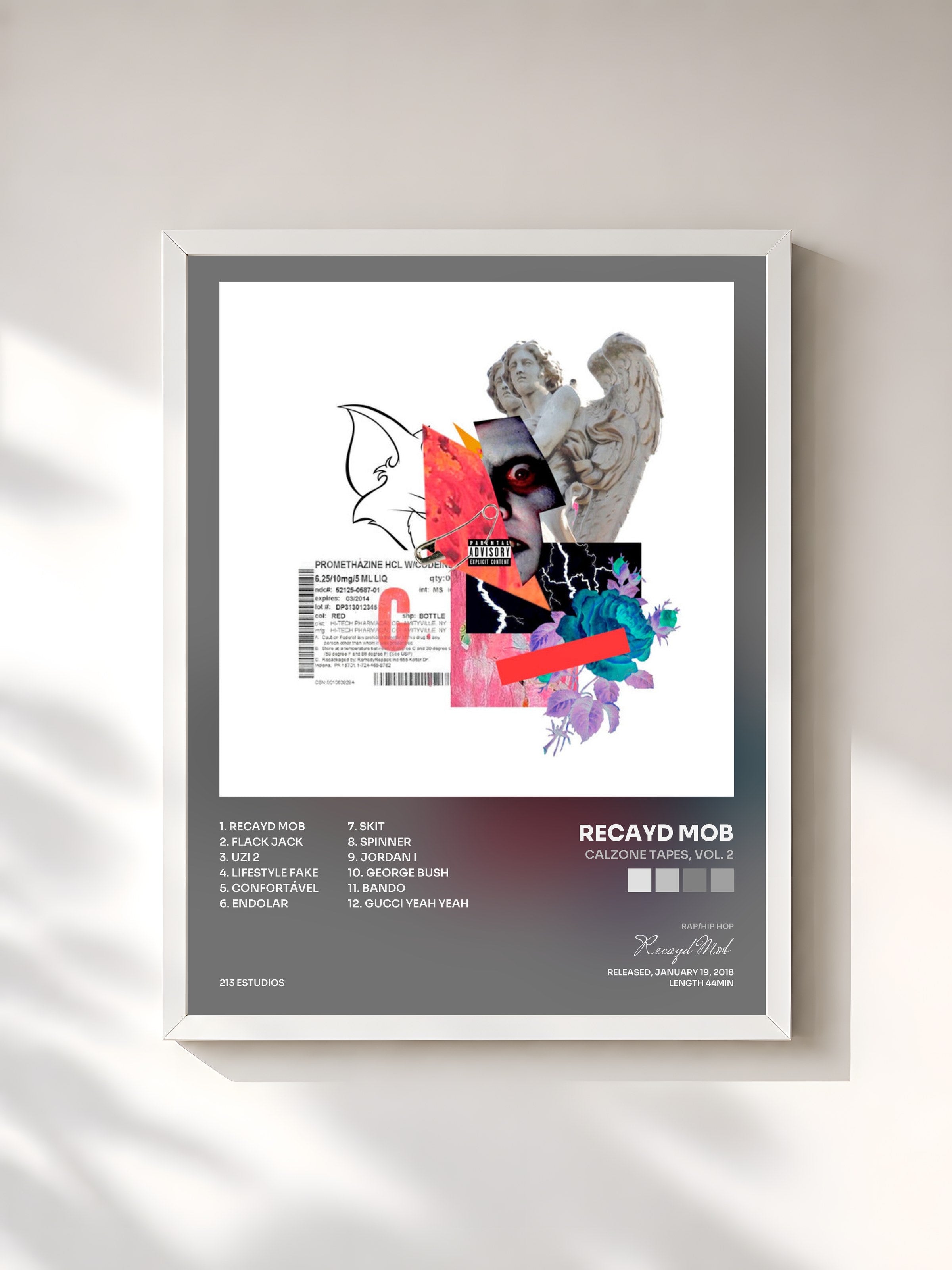 #blanc Tableau de l'album Calzone Tapes, Vol. 2 de Recayd Mob, cadre blanc, imprimé et encadré en France