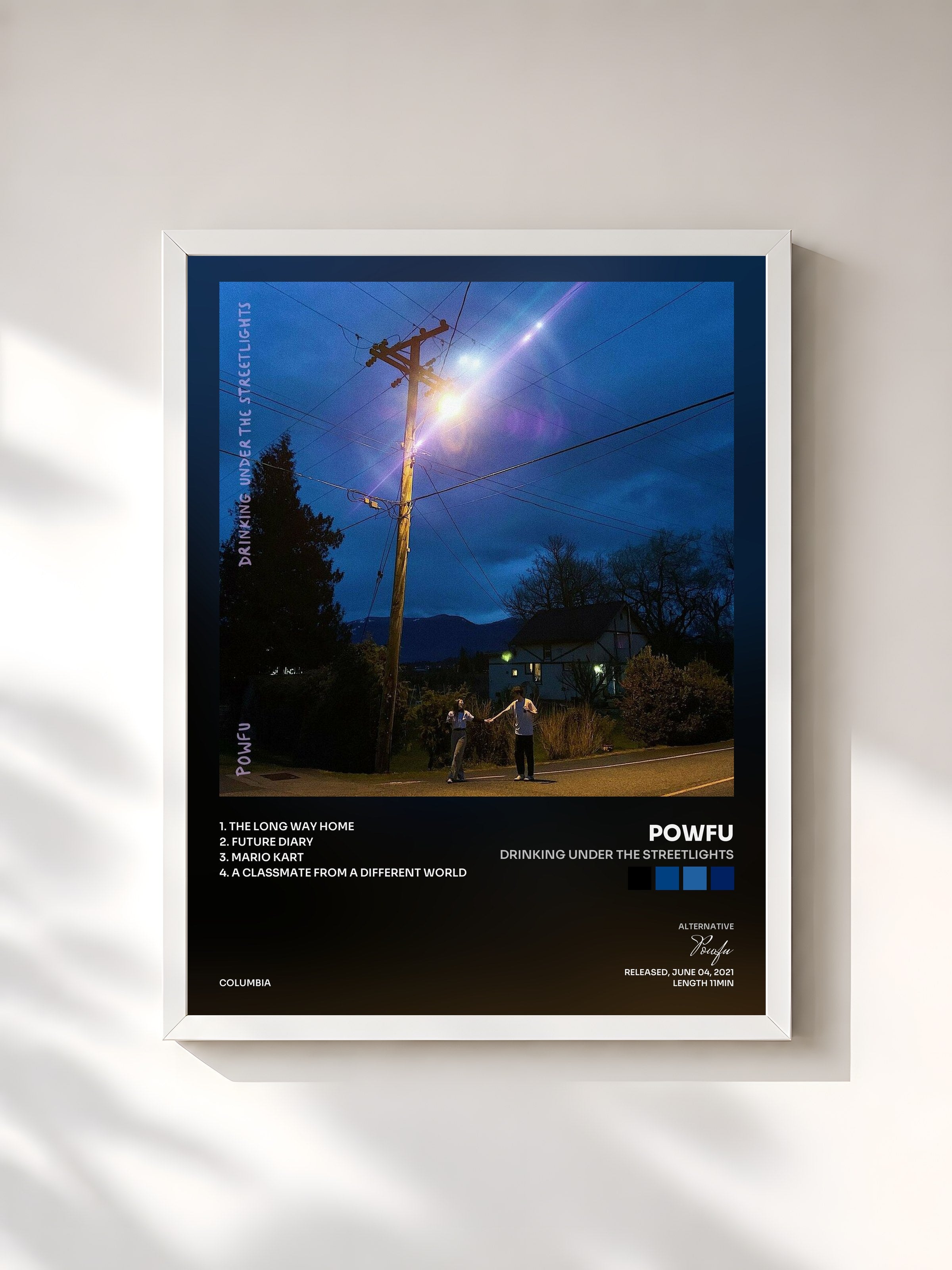 #blanc Tableau de l'album drinking under the streetlights de Powfu, cadre blanc, imprimé et encadré en France