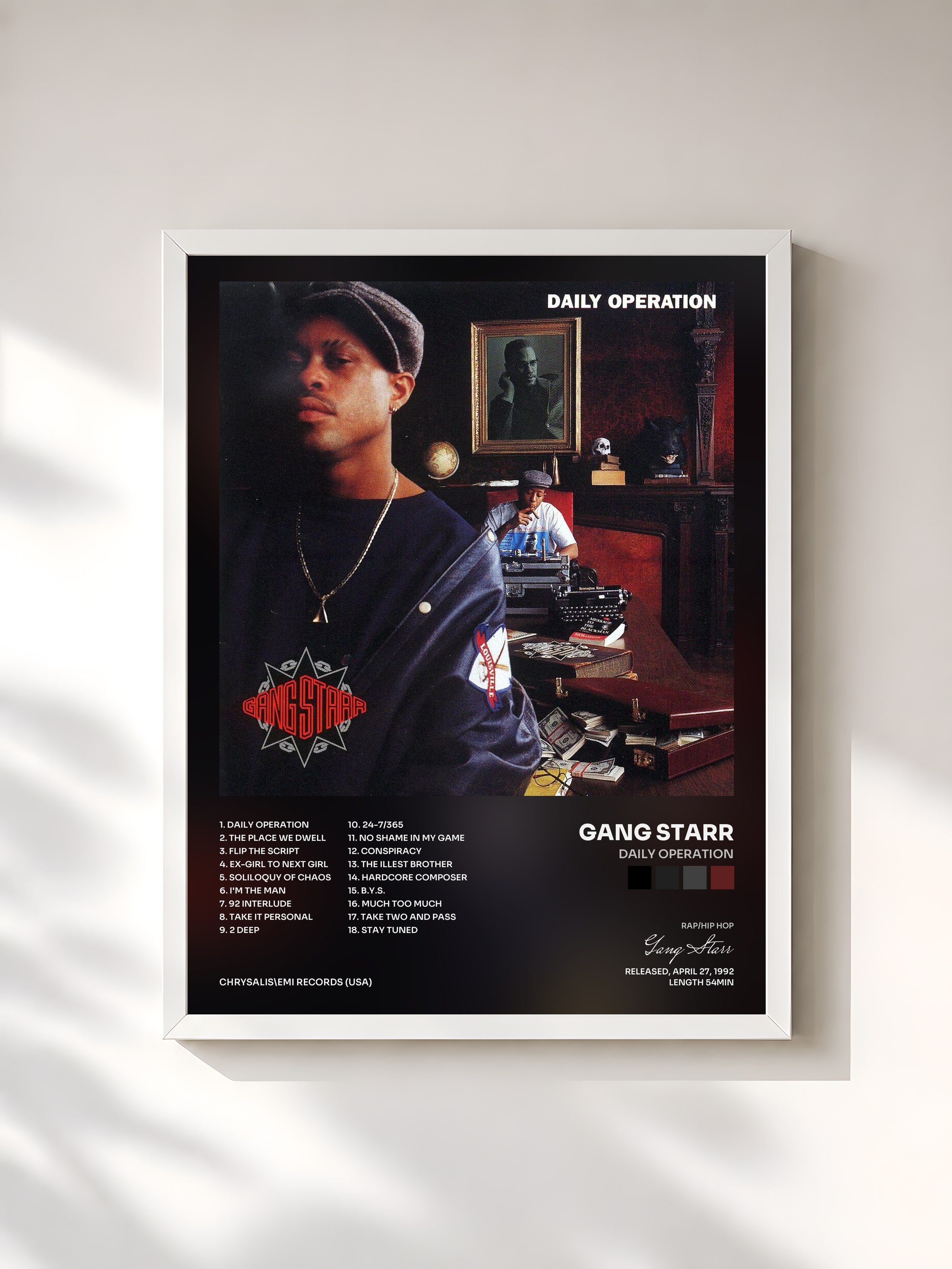#blanc Tableau de l'album Daily Operation de Gang Starr, cadre blanc, imprimé et encadré en France