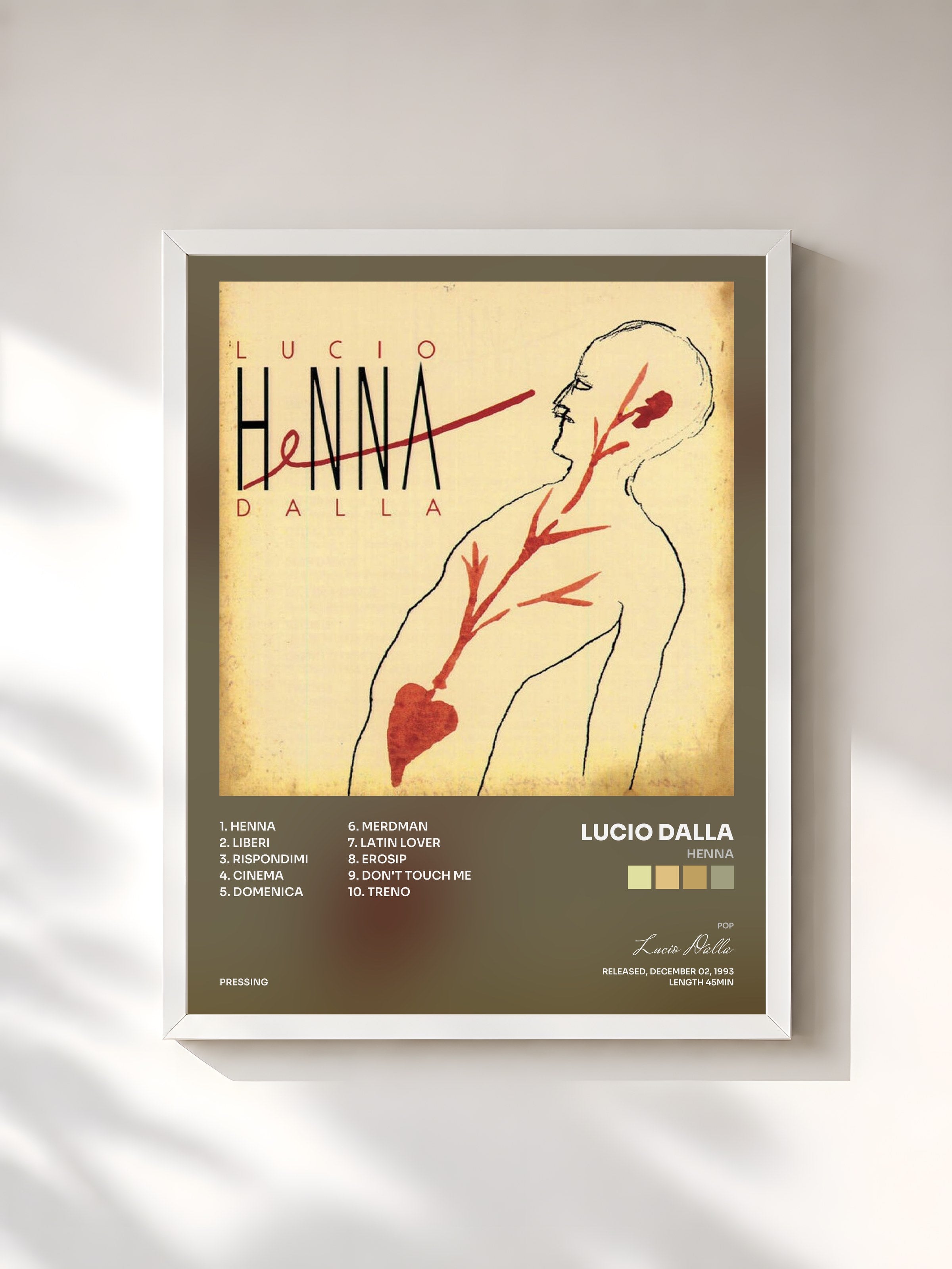 #blanc Tableau de l'album Henna de Lucio Dalla, cadre blanc, imprimé et encadré en France