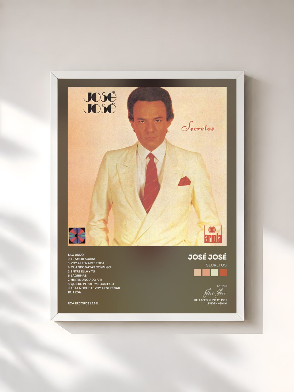 #blanc Tableau de l'album Secretos de José José, cadre blanc, imprimé et encadré en France