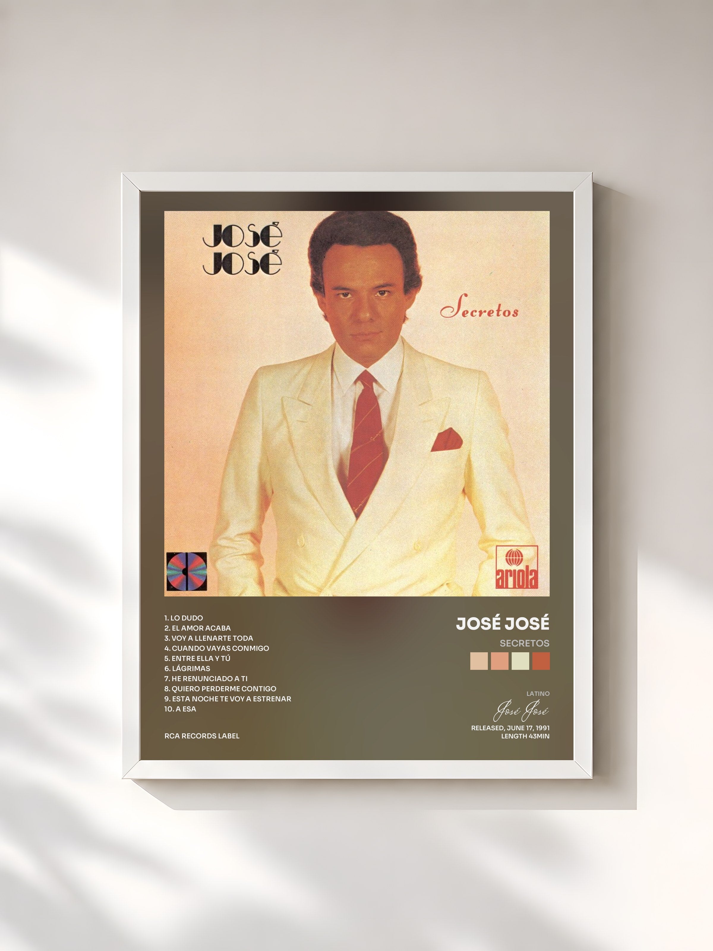 #blanc Tableau de l'album Secretos de José José, cadre blanc, imprimé et encadré en France
