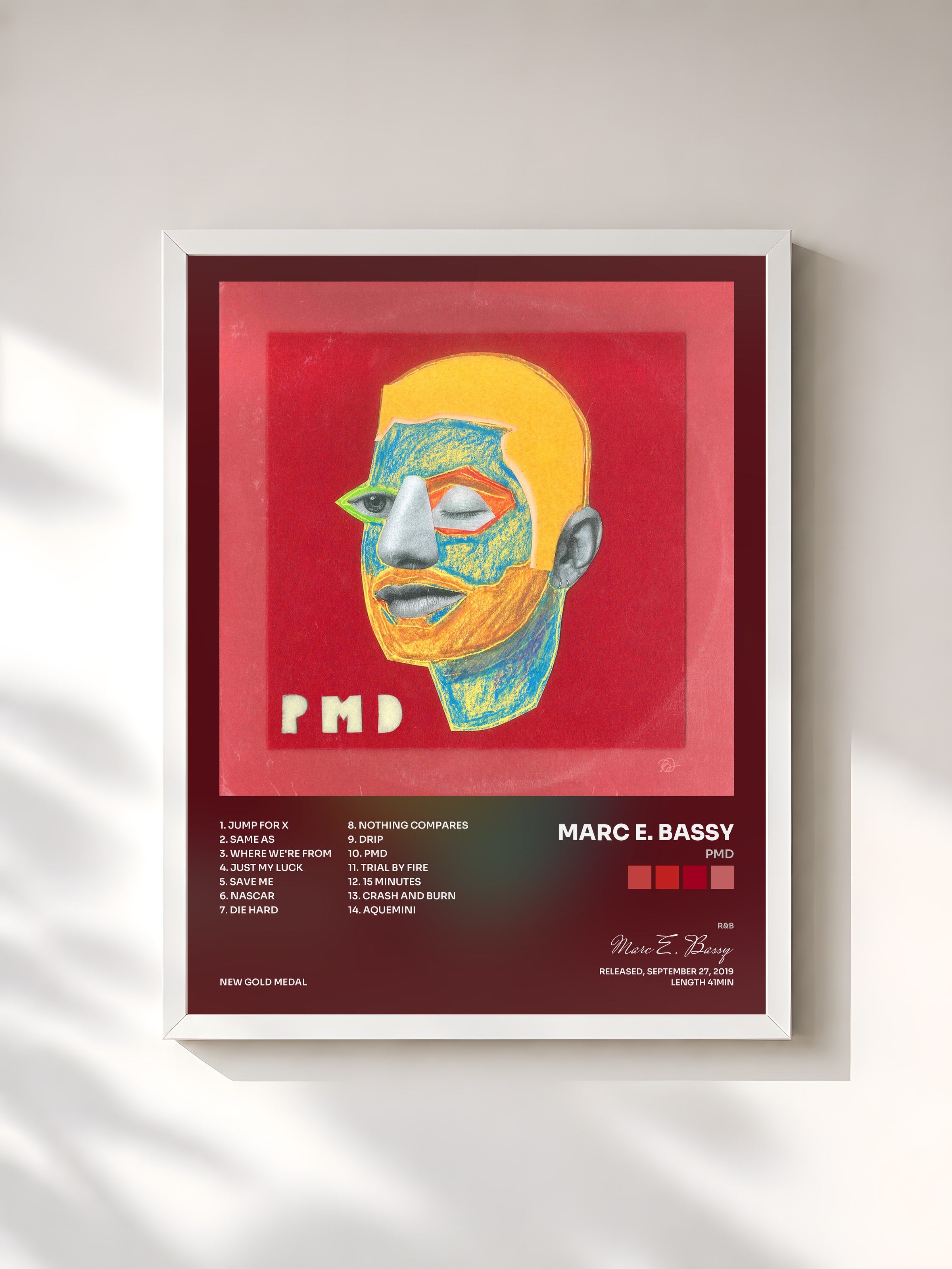 #blanc Tableau de l'album PMD de Marc E. Bassy, cadre blanc, imprimé et encadré en France