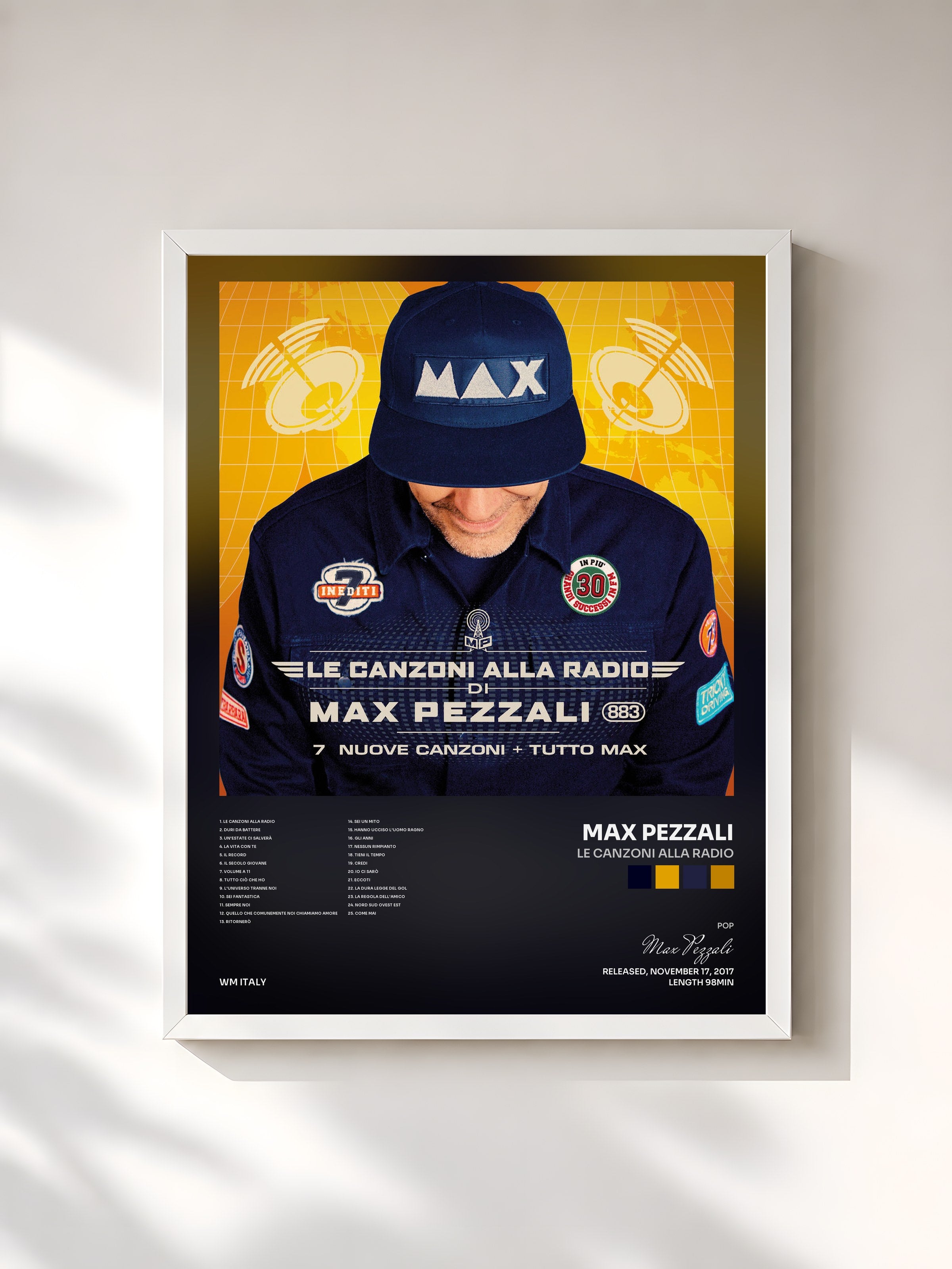 #blanc Tableau de l'album Le canzoni alla radio de Max Pezzali, cadre blanc, imprimé et encadré en France