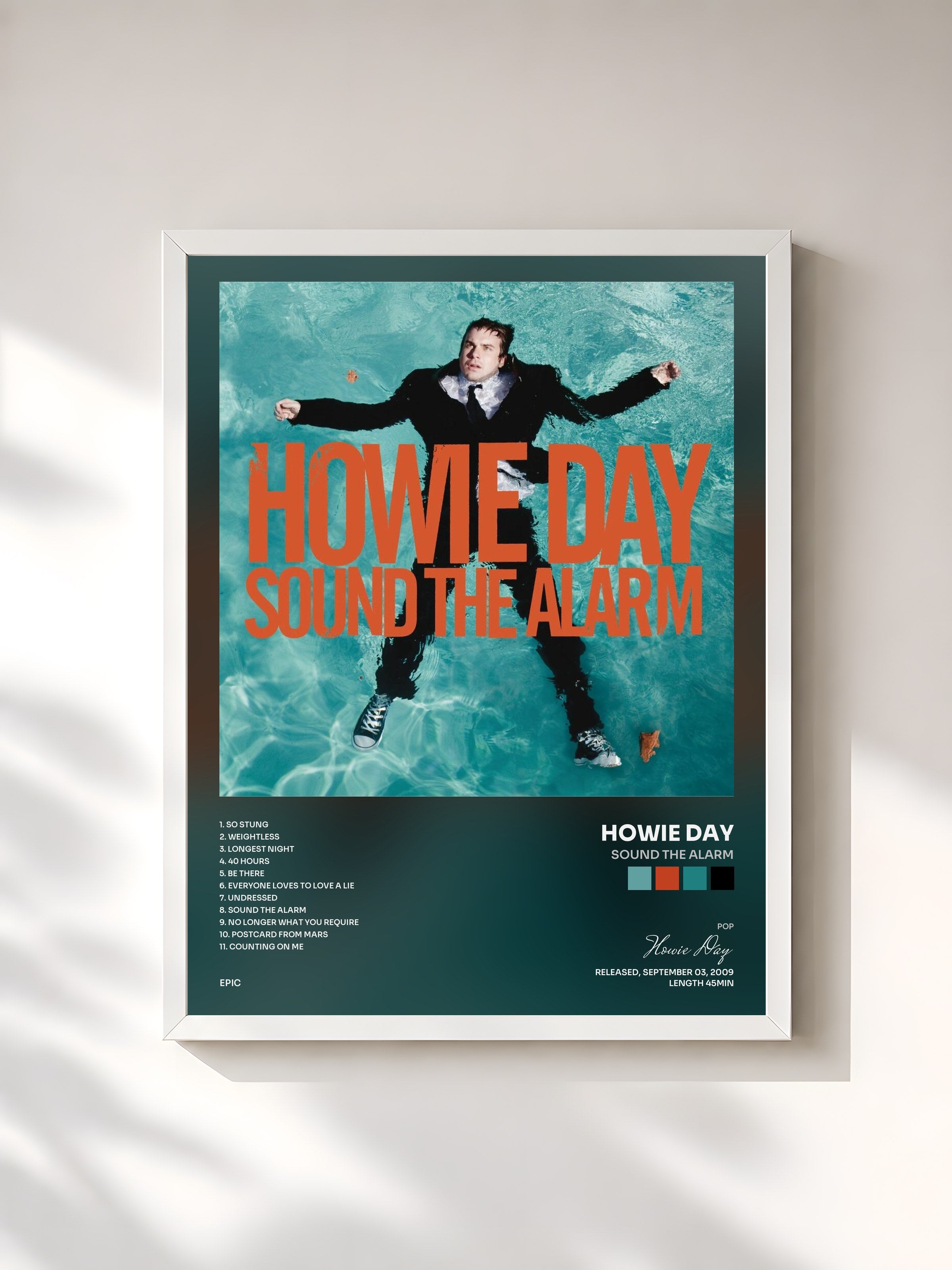 #blanc Tableau de l'album Sound The Alarm de Howie Day, cadre blanc, imprimé et encadré en France