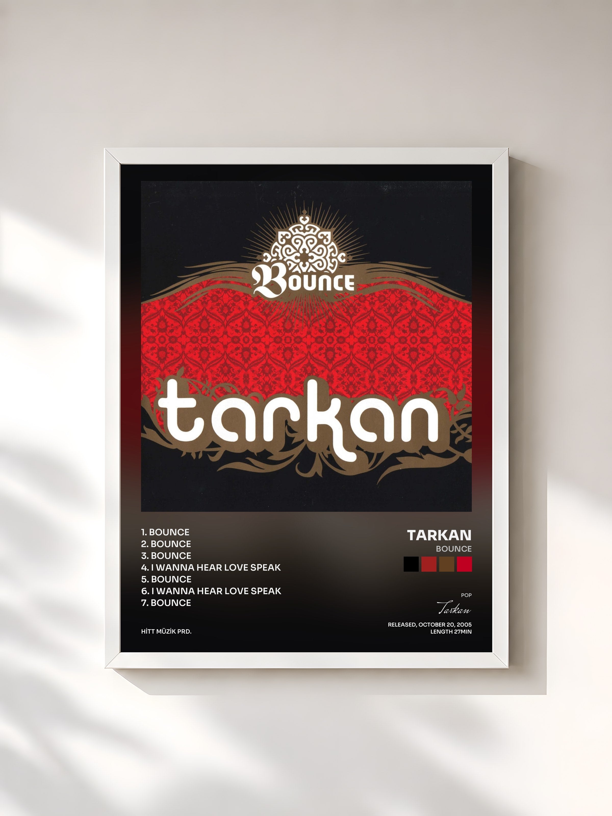 #blanc Tableau de l'album Bounce de Tarkan, cadre blanc, imprimé et encadré en France