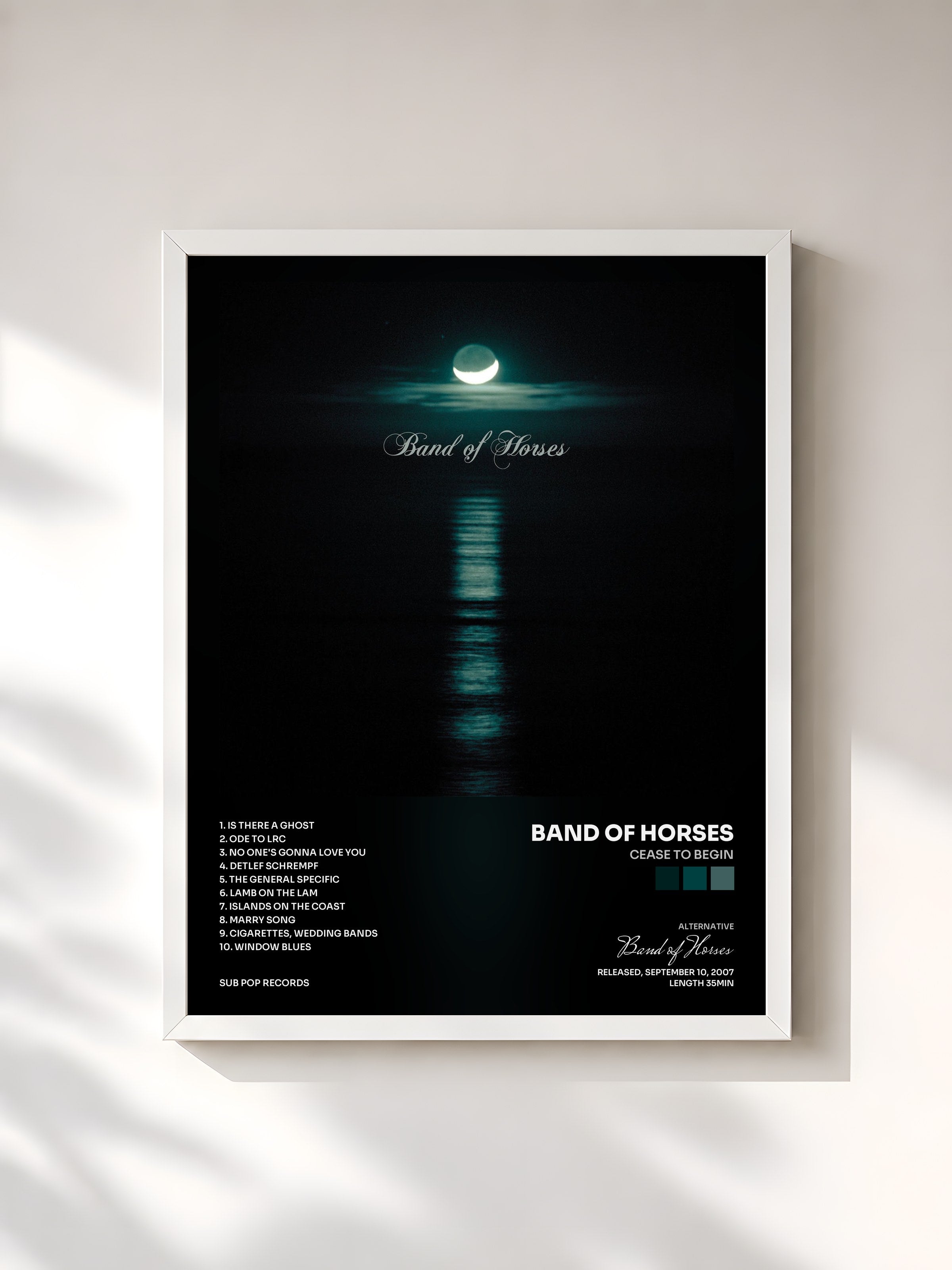 #blanc Tableau de l'album Cease To Begin de Band of Horses, cadre blanc, imprimé et encadré en France