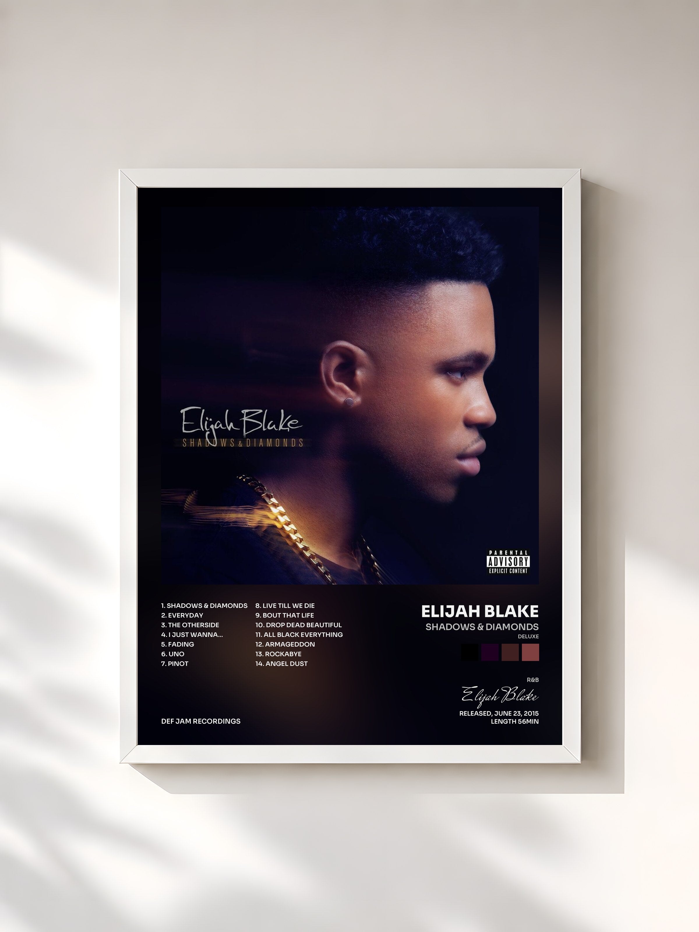 #blanc Tableau de l'album Shadows & Diamonds (Deluxe) de Elijah Blake, cadre blanc, imprimé et encadré en France
