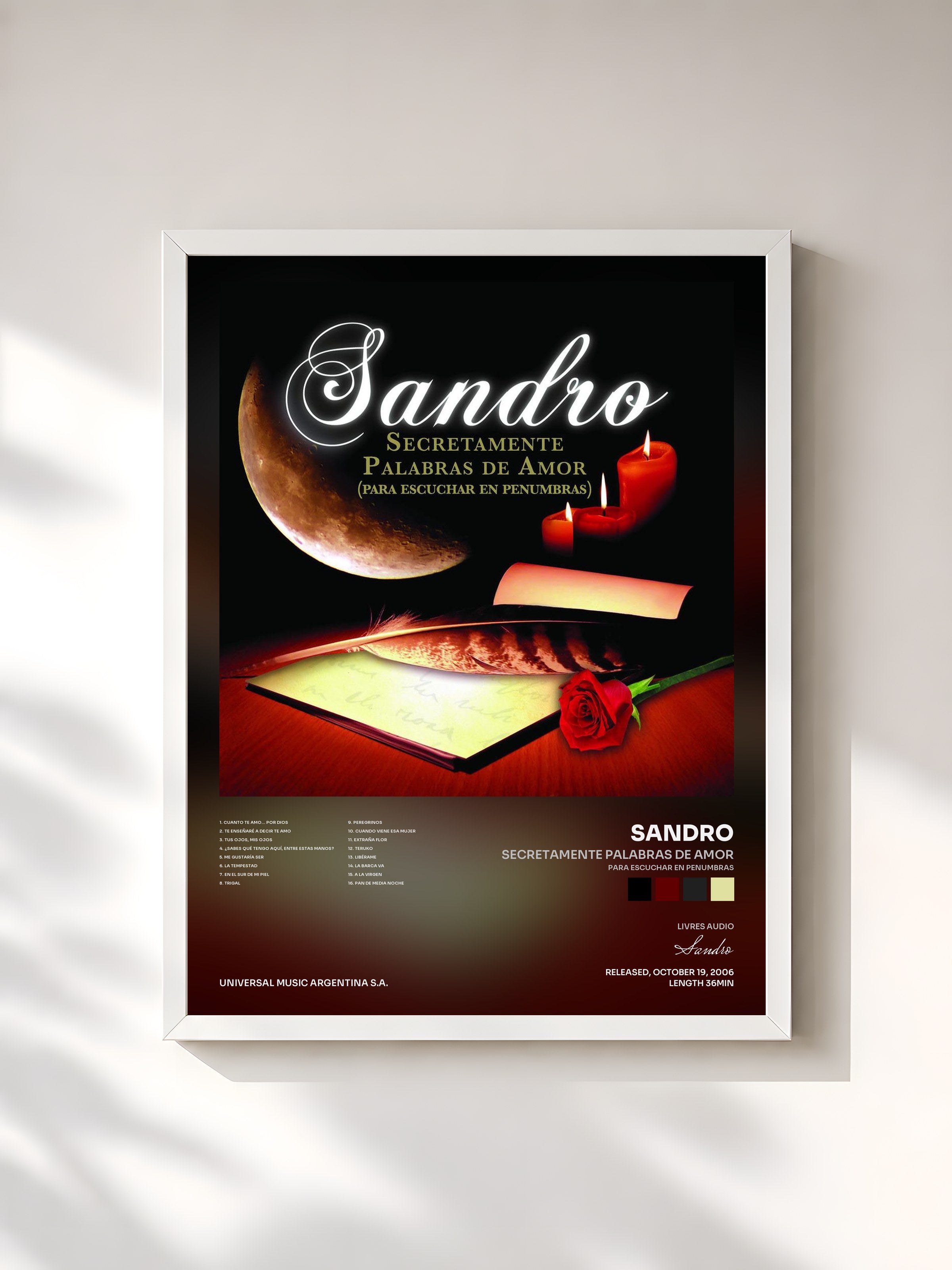 #blanc Tableau de l'album Secretamente Palabras De Amor (Para Escuchar En Penumbras) de Sandro, cadre blanc, imprimé et encadré en France