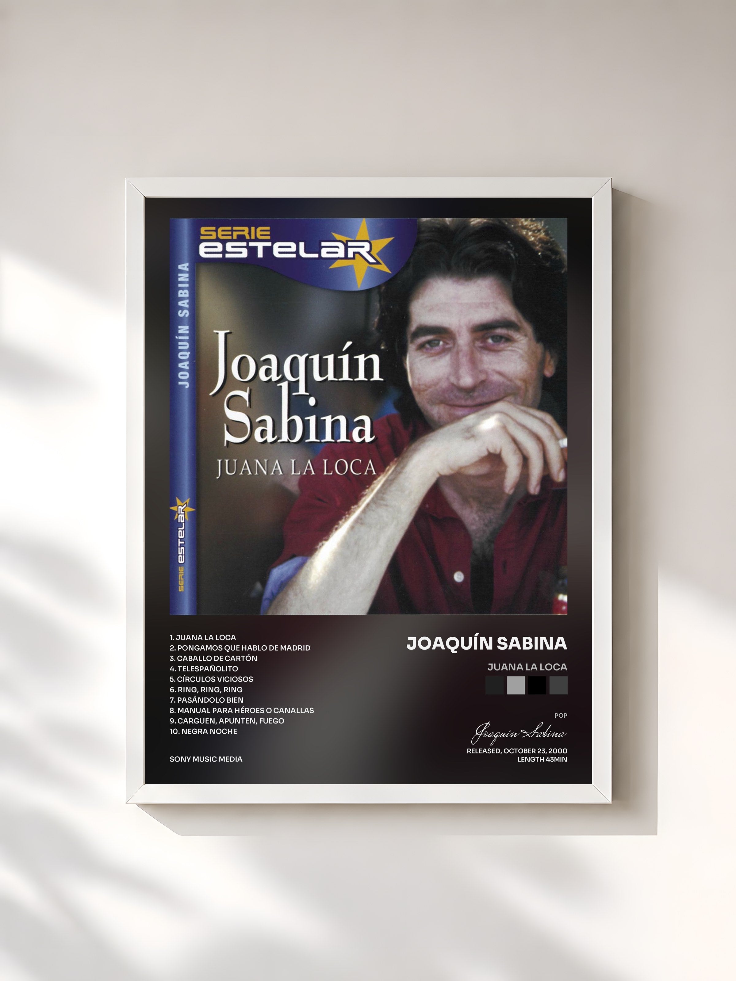 #blanc Tableau de l'album Juana La Loca de Joaquín Sabina, cadre blanc, imprimé et encadré en France