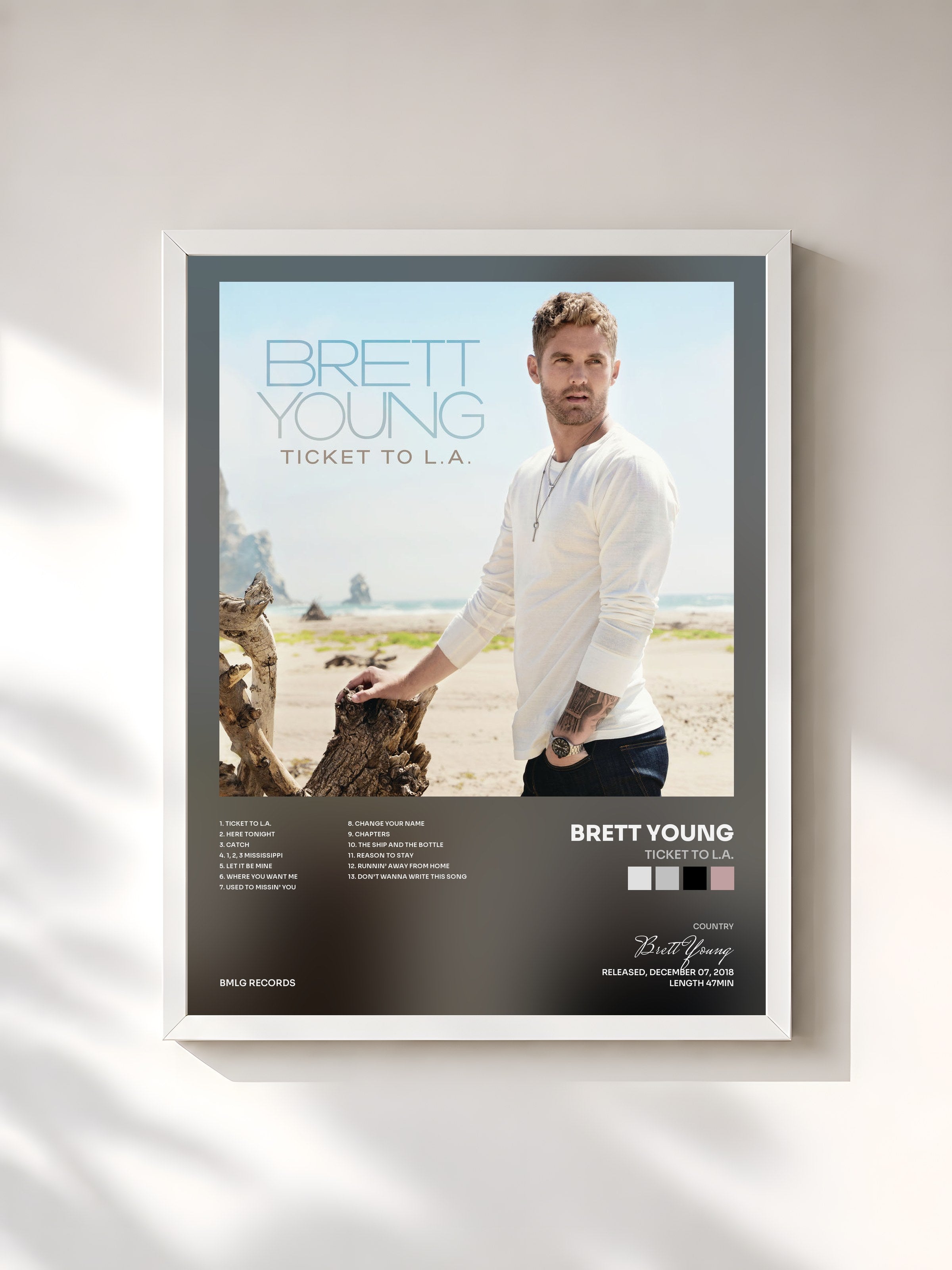 #blanc Tableau de l'album Ticket To L.A. de Brett Young, cadre blanc, imprimé et encadré en France