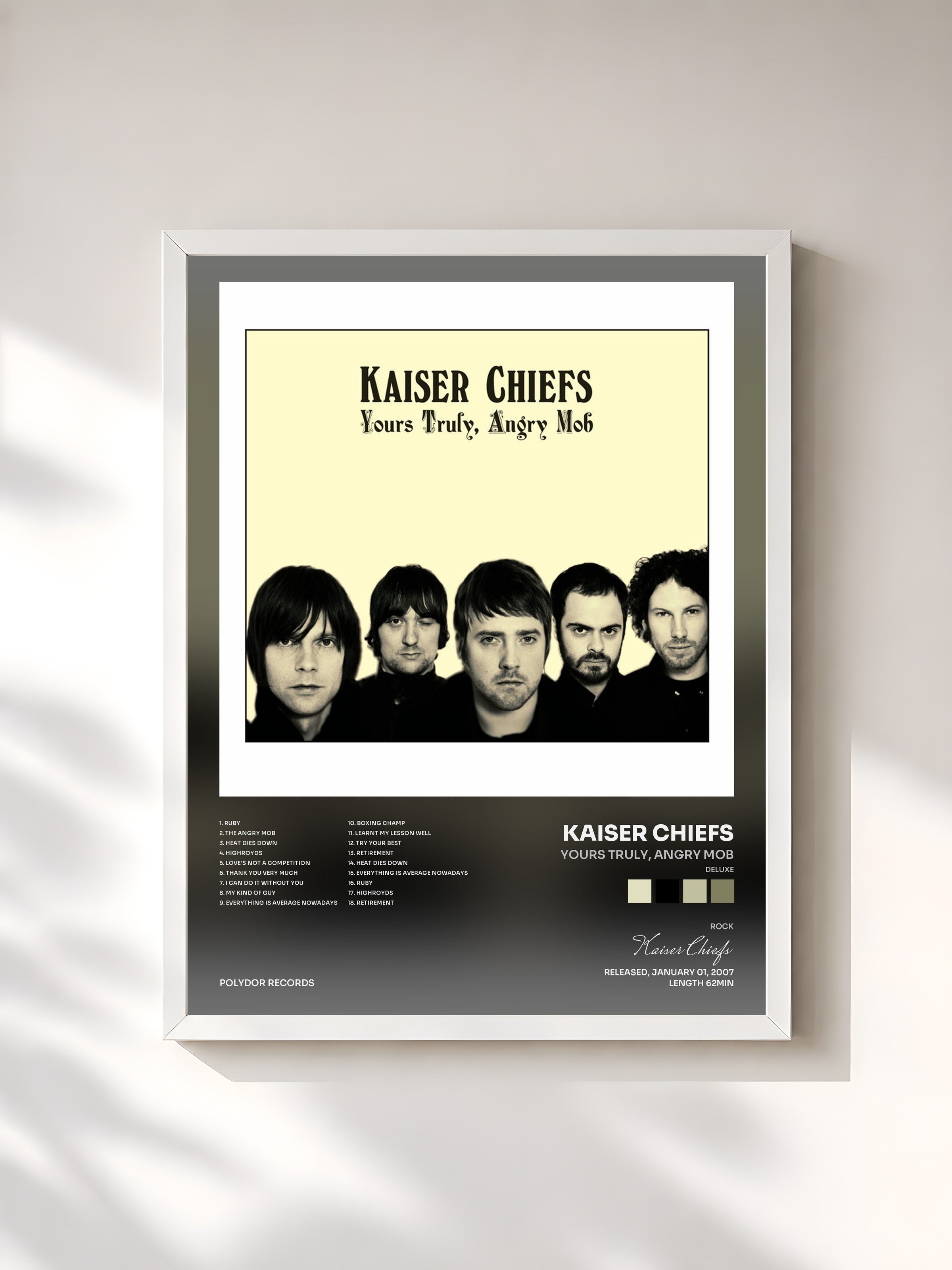 #blanc Tableau de l'album Yours Truly, Angry Mob (Deluxe) de Kaiser Chiefs, cadre blanc, imprimé et encadré en France