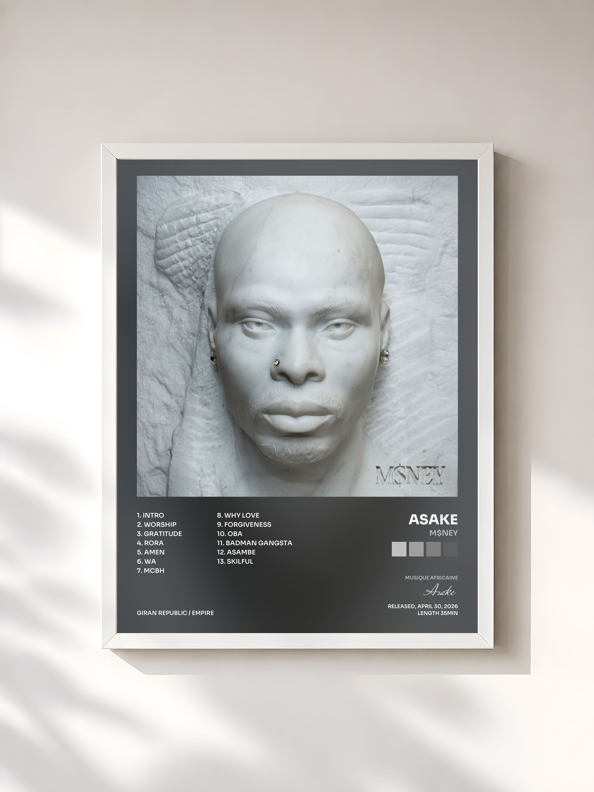 #blanc Tableau de l'album M$NEY de Asake, cadre blanc, imprimé et encadré en France